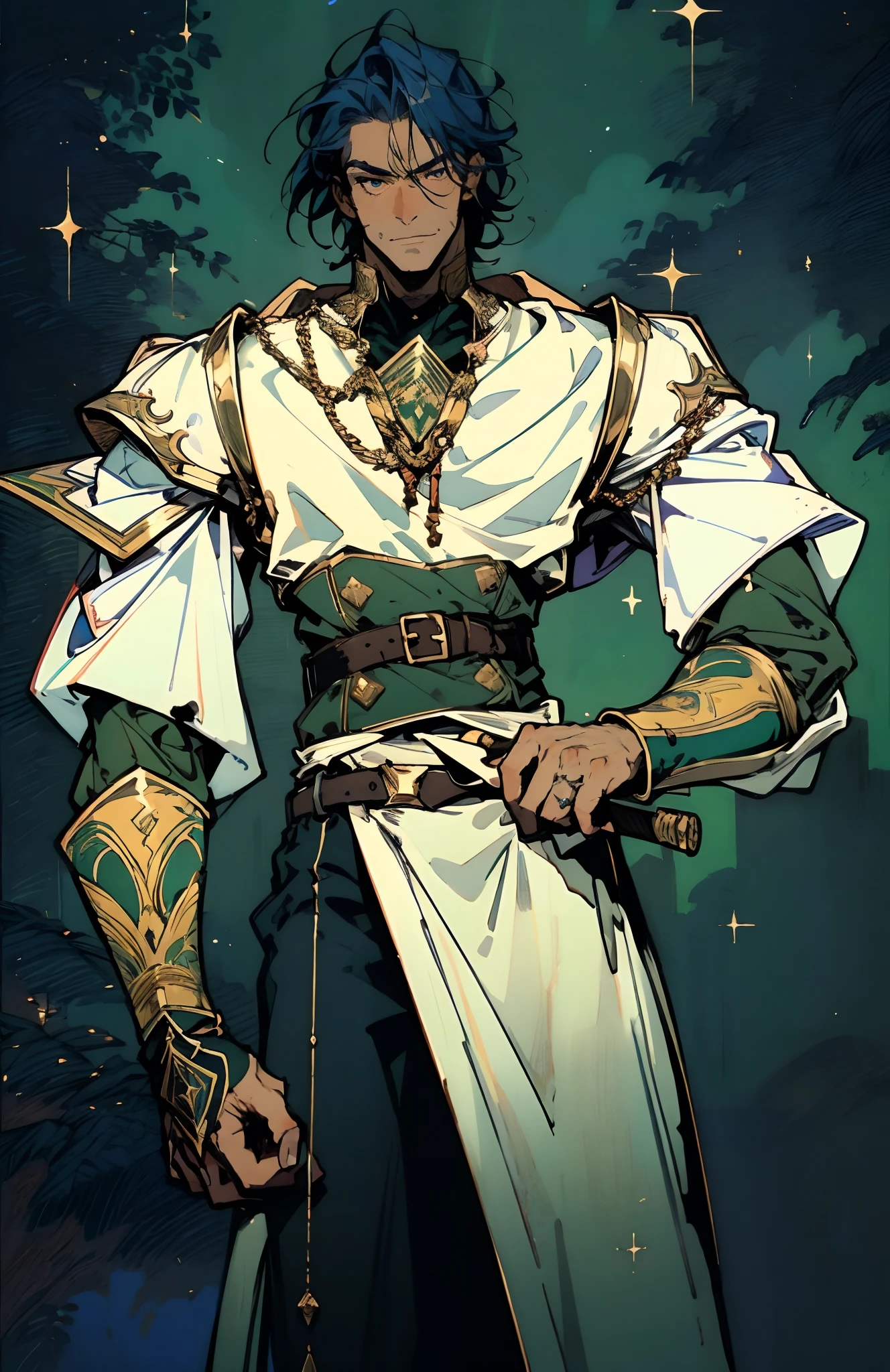 An elderly man with short dark blue hair, a fierce gaze, a wild toothy grin, a fantasy-style outfit of leather armor and a white shirt, a white chest armor with dark blue stripes on the edges, he holds a phantom dagger, dagger emitting a faintly green glow, a belt tied around his waist, cloth trousers, the background shows the vastness of the cosmic stars, this character embodies a finely crafted fantasy-style swordsman in anime style, characterized by an exquisite and mature manga illustration art style, high definition, best quality, highres, ultra-detailed, ultra-fine painting, extremely delicate, professional, anatomically correct, symmetrical face, extremely detailed eyes and face, high quality eyes, creativity, RAW photo, UHD, 8k, Natural light, cinematic lighting, masterpiece:1.5