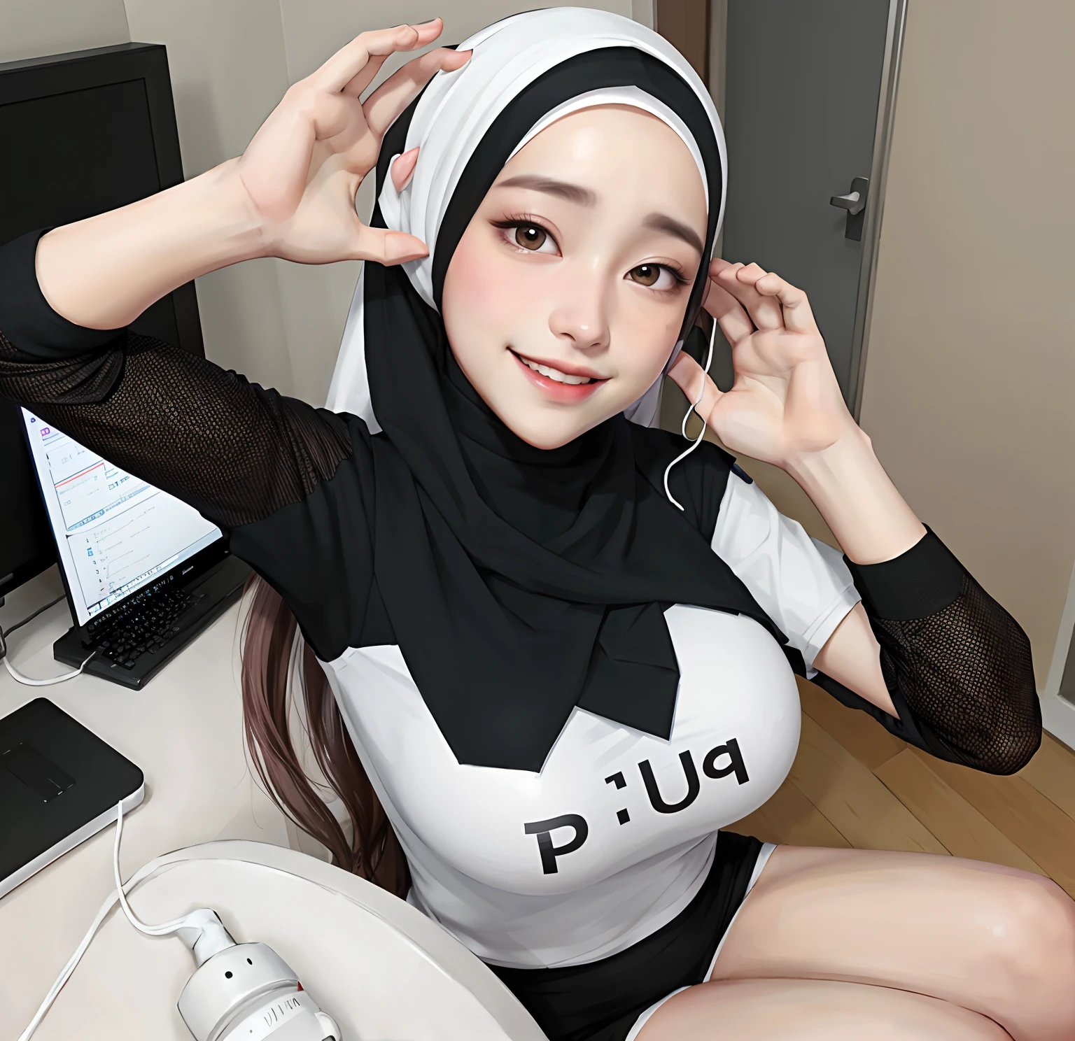 (photorealistic:1.4), best quality, masterpiece, ultra high res, 1girl, (detailed face:1.2), (detailed eyes:1.2), (detailed hijab:1.2), (detailed clothes:1.2), 4k, (detailed color:1.2), (super big breast:1.2), (W cup:1.2), (Transparent outfit:1.2), (Smiling:1.2), (breast stod out:q.2)