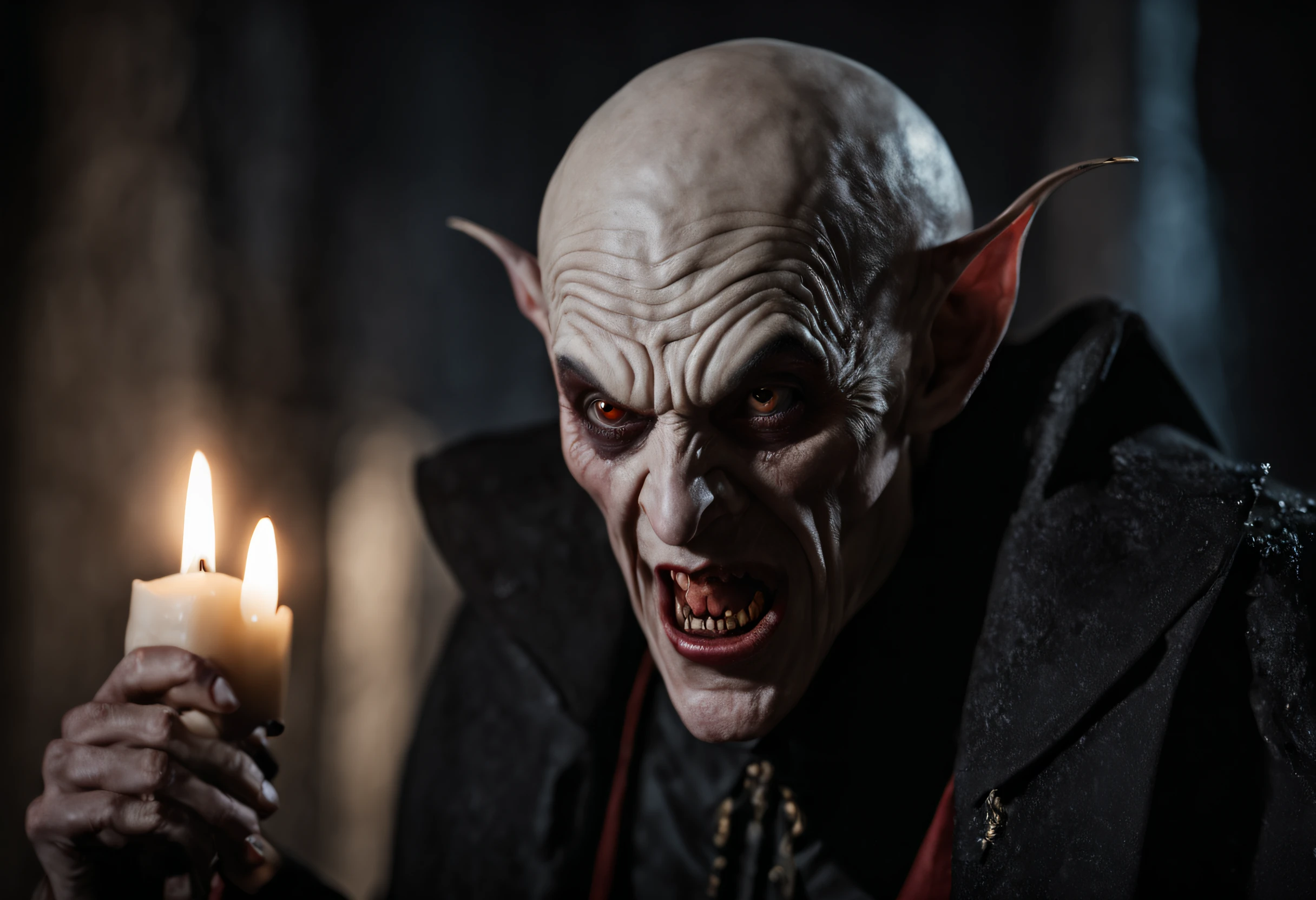 A very ugly vampire holding a glass goblet filled with blood. The vampire has pale, wrinkled skin, exaggerated features like a large, crooked nose, pointed ears, and sharp fangs. His eyes are sunken with dark circles, and his expression is menacing. He wears tattered, old-fashioned clothing, possibly a dark cloak with a high collar. The background is dark and eerie, maybe in an old, decrepit castle with stone walls and dim lighting. The glass goblet is ornate, reflecting a little bit of light, and filled with thick, red blood.