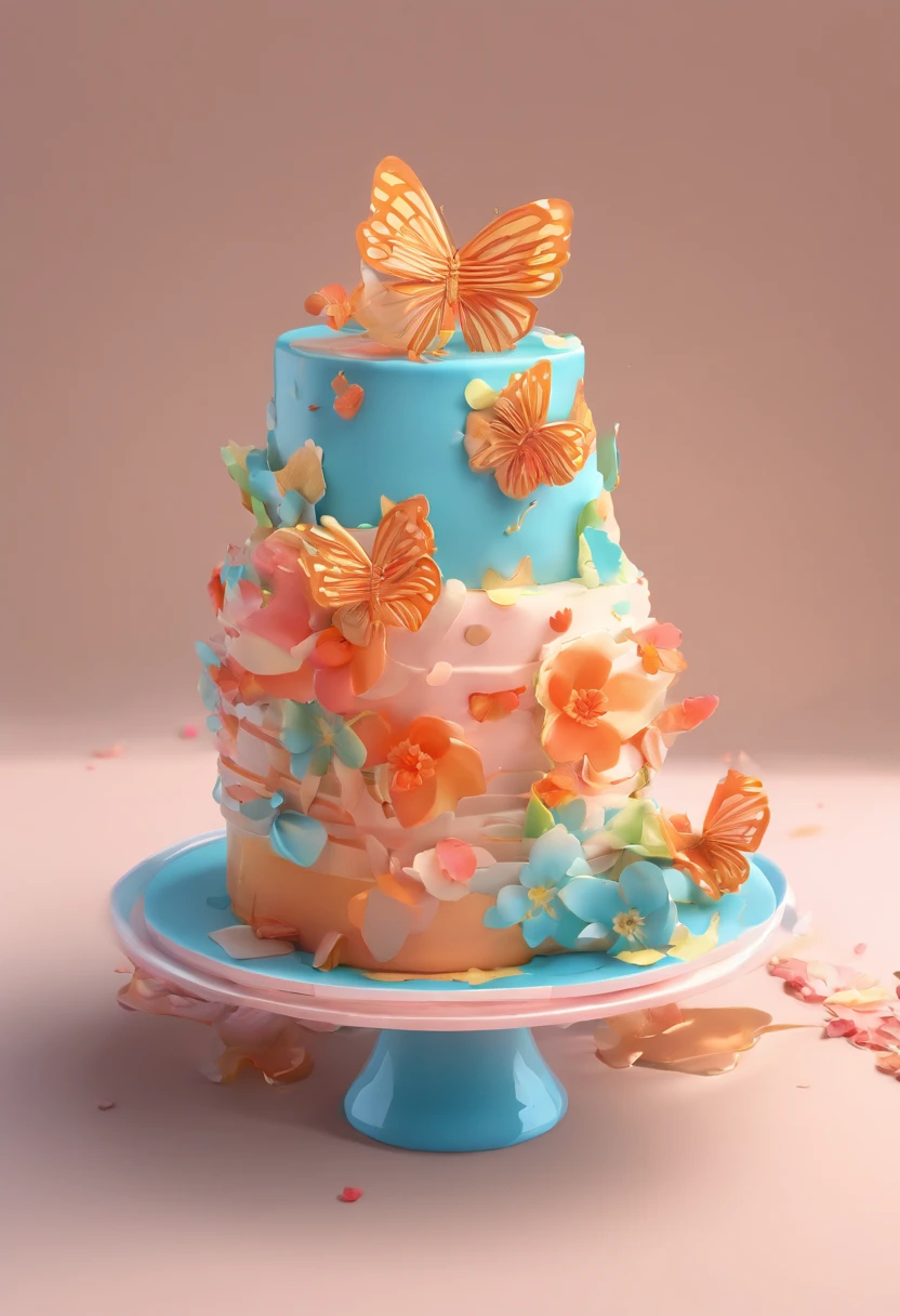 （Close up of small cake melting in cup）， Paraiba blue simple background，(Blue cup：1.37），（Small cake：1.2），It's melting：1.37，）(Illustration elements such as flowers and butterflies in the cake），Illustration element，3D style，