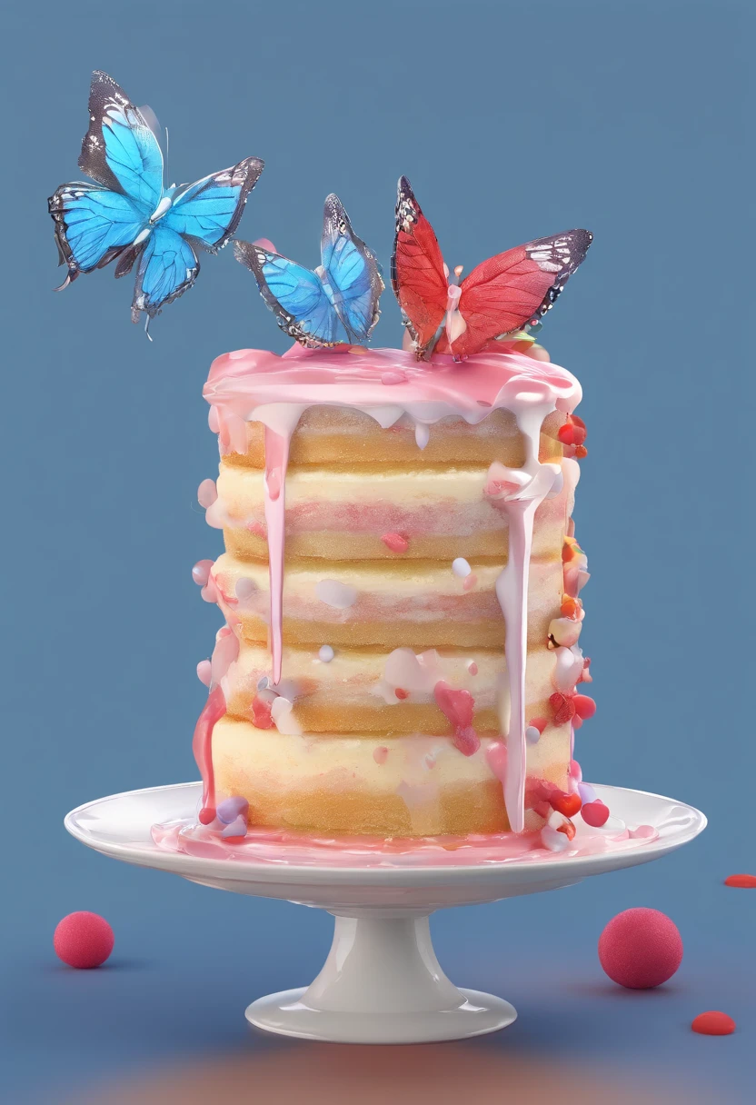 (Close up of small cake melting in cup), Paraiba blue simple background,(Blue cup:1.37),(Small cake:1.2),It's melting:1.37,)(Illustration elements such as flowers and butterflies in the cake),Illustration element,3D style,