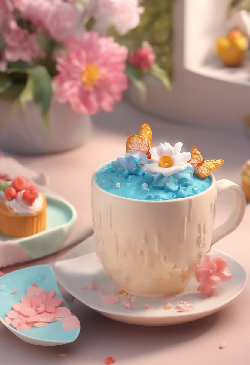 (Xiaoice close-up of the cream melting in the cup), (Blue cup:1.37),(The little cake is melting:1.37,),(Flowers and butterflies in the cake),Illustration element,