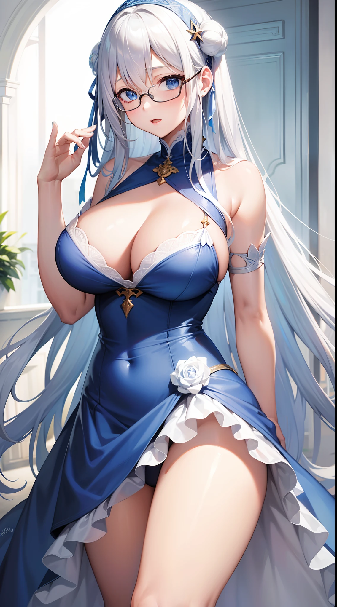 young girl, Long white hair, blue eyes, blue beautiful dress, Huge-breasts, eyeglasses, Masterpiece, hiquality, 4k, HD, Good detail