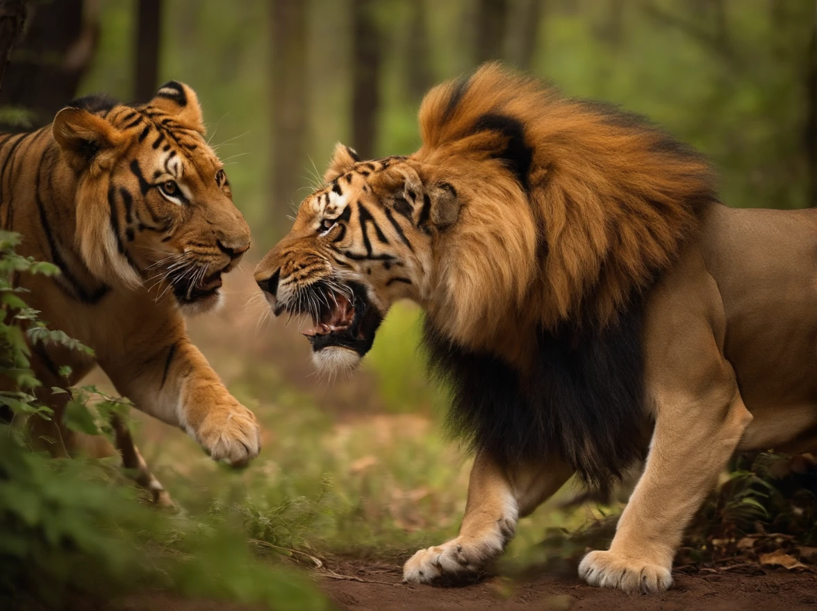 Lions and tigers fight each other in the forest