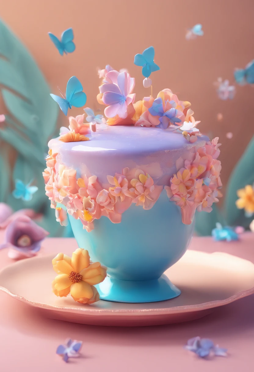 （Close up of small cake melting in cup， (Blue cup：1.37），（Small cake：1.2），It is melting：1.37，）。 (Illustration element，Such as flowers and butterflies in cakes），Illustration element，3D style， Paraiba blue simple background