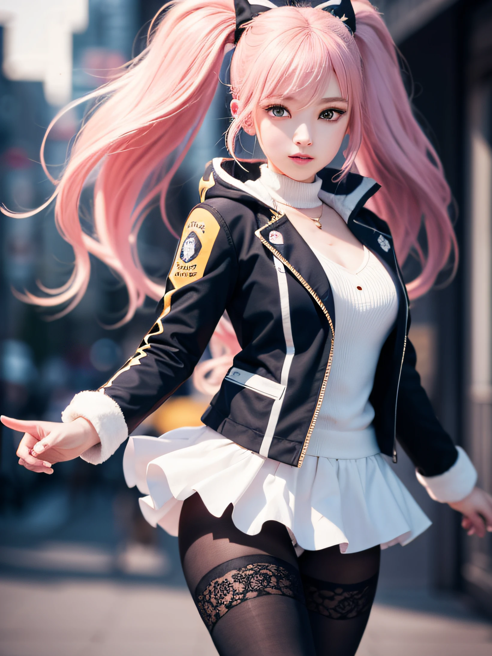 Unbeatable masterpiece, Ultra photo realism , Perfect artwork , Intricate details , Best quality , Strong light , High contrast , Dynamic pose , Dutch angle , ((Depth of field:1.8)) , 1 girl , Character hair accessories , Solo , Yellow jacket , Long hair , hair adornments , One-leg tights , Jacket , thigh band , Pink hair , multicolour hair , Pantyhose , sleeves past wrists , sleeves past fingers ,bow-shaped hair , low-tied long hair , view the viewer , Breasts , Very long hair , Blush , grey pantyhose , Very long sleeves , two tone color hair , Oversized clothes , bangs , rainbow eyes , double tails , Simple background , Long sleeves, (random result), (RAW style, masterpiece, best quality, hyperrealistic, highres, unreal engine), pokemon, cowboy shot of Iono the Pokemon Trainer