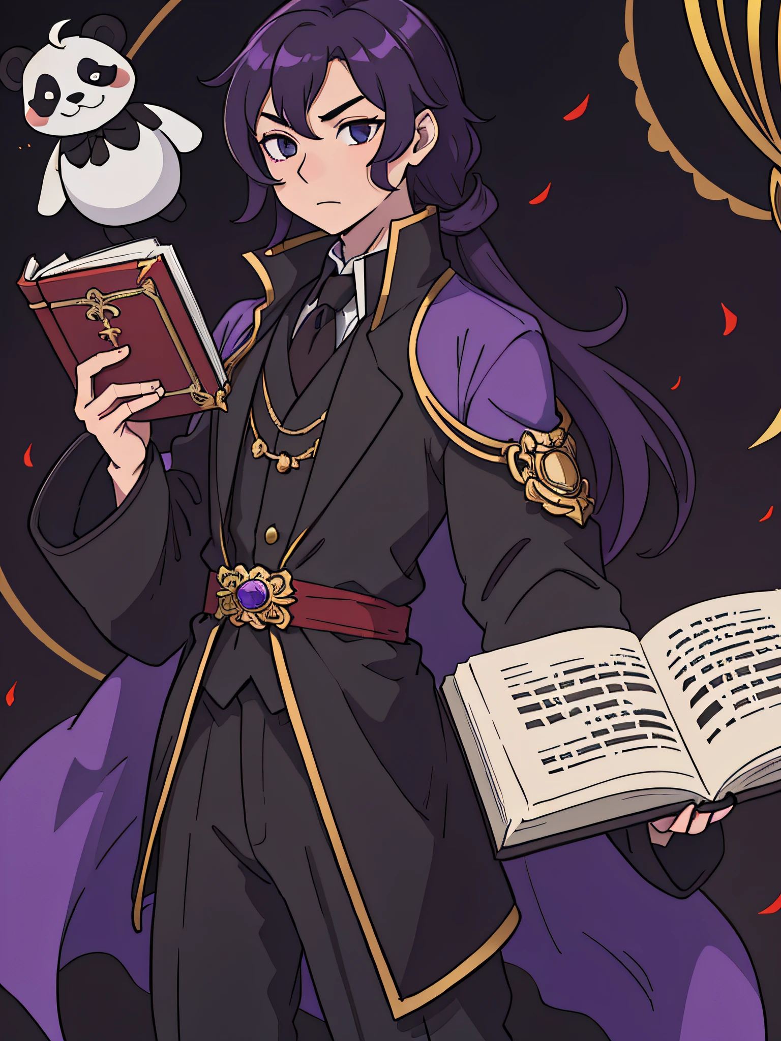 wearing a black noble suit, jk uniform, ((wearing aristocrat robe)), inspired by Okumura Masanobu, ornate attire, inspired by Okumura Togyu, gilded black uniform, professor clothes, clear outfit design, illustrious clothes, clothed in ancient suit, magic uniform, one man, black suit, purple hair, shoulder length hair, black eyes, dark eye bags, pale tan skin, red nose, panda eyes, villain, holding book