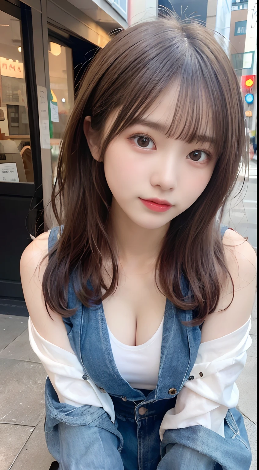 finely detail, hight resolution, hightquality、Perfect dynamic composition, Beautiful detailed eyes, Medium Hair, small tits、Natural Color Lip,Kamimei、Shibuya、20 years girl、1 persons、Transparent skin、Glowing hair、masutepiece, Best Quality, Ultra-detailed, finely detail, hight resolution, 8K、The correct state of the human body、crouching down、Gravure Model Pose,Beautiful sunset,In front of the café,beautiful ilumination,Photographed with hair fluttering in the wind,Colossal tits:1.3,((I can see the cleavage:1.5,Wearing a white tank top with open chest:1.5,denim jackets:1.5,Black tight skinny pants))