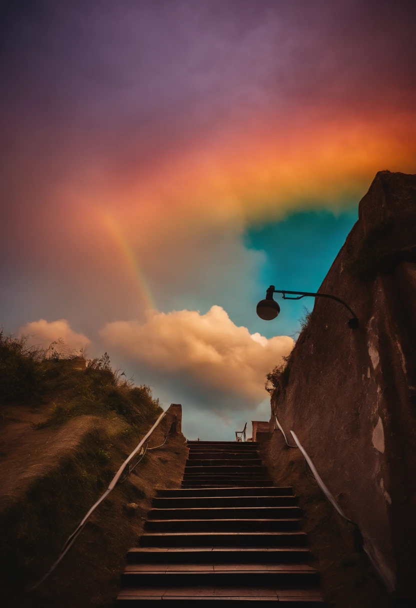 Close-up of the stairs leading to the rainbow sky, stairway to heaven, A very colorful heaven, stairs from hell to heaven, Leading to the Sky, Rainbow clouds, Colors of Heaven, Rainbow Trail, Colorful sky, Rainbow clouds, Heaven!!!!!!!!, rainbow, Rainbow colors, Psychedelic sky, In beautiful colors, Irridescent color, colorful dream, colorful skies