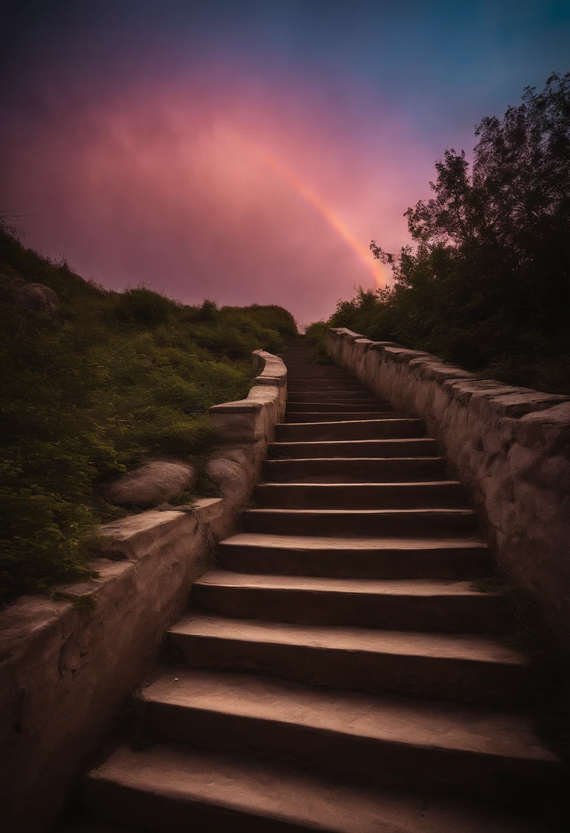 Close-up of the stairs leading to the rainbow sky, stairway to heaven, A very colorful heaven, stairs from hell to heaven, Leading to the Sky, Rainbow clouds, Colors of Heaven, Rainbow Trail, Colorful sky, Rainbow clouds, Heaven!!!!!!!!, rainbow, Rainbow colors, Psychedelic sky, In beautiful colors, Irridescent color, colorful dream, colorful skies