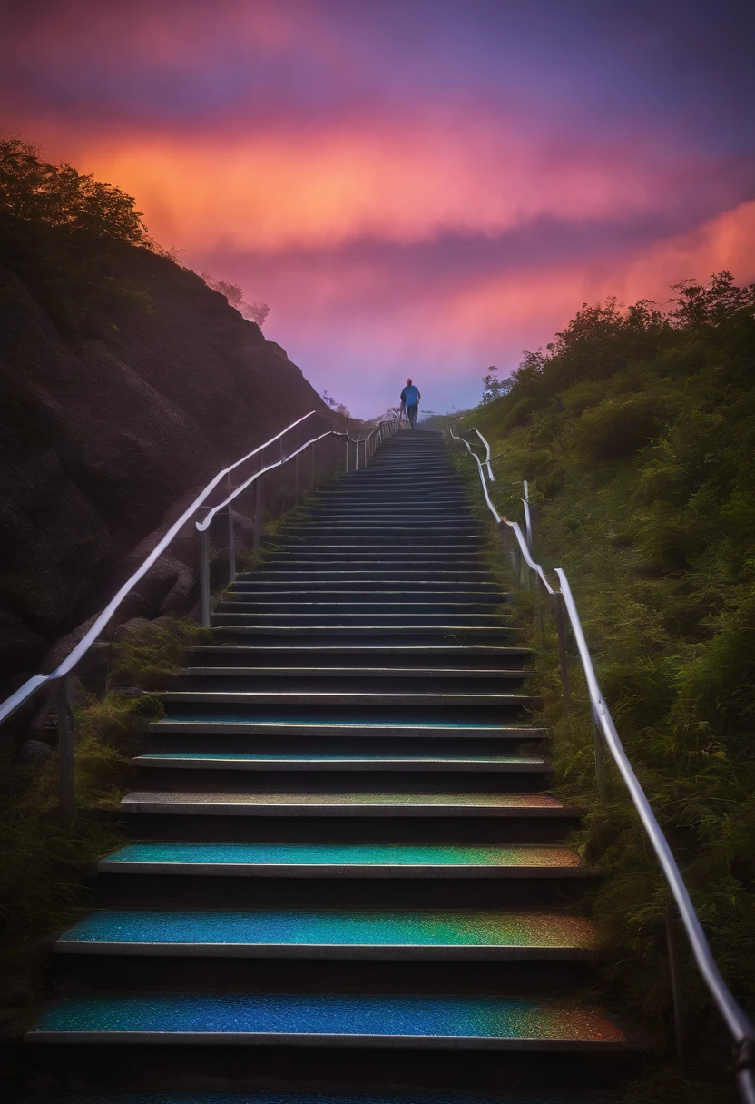 Close-up of the stairs leading to the rainbow sky, stairway to heaven, A very colorful heaven, stairs from hell to heaven, Leading to the Sky, Rainbow clouds, Colors of Heaven, Rainbow Trail, Colorful sky, Rainbow clouds, Heaven!!!!!!!!, rainbow, Rainbow colors, Psychedelic sky, In beautiful colors, Irridescent color, colorful dream, colorful skies