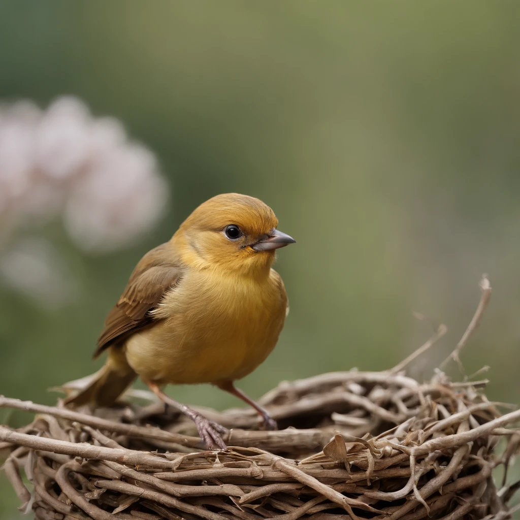 "Cute golden bird animated image in Disney movie style，Wearing a cute hood，Presents extremely detailed pictures，Depth inspection shows 8K quality。" There is a bird，A bird's nest，The nest contains seven eggs