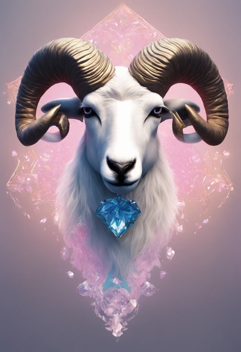 (8k wallpaper, RAW photo, Photorealistic:1.25) ,( glossy side,, Best quality, Super high resolution, Depth of field, color difference, Caustics, Special light) ,Iridescent color style,(dreamy and romantic compositions:1.5)，Bright style，rainbowing，A silver sheep's head badge，Sapphire glasses，Diamond setting，C4D render，Less detail，Less detail，Huge metal sheep's head in the middle