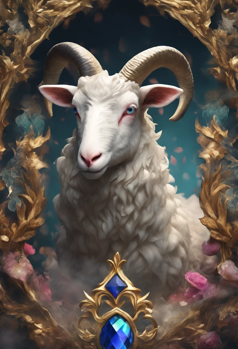 (8k wallpaper, RAW photo, Photorealistic:1.25) ,( glossy side,, Best quality, Super high resolution, Depth of field, color difference, Caustics, Special light) ,Iridescent color style,(dreamy and romantic compositions:1.5),Bright style,rainbowing,A silver sheep's head badge,Sapphire glasses,Diamond setting,C4D render,Less detail,Less detail,Huge metal sheep's head in the middle