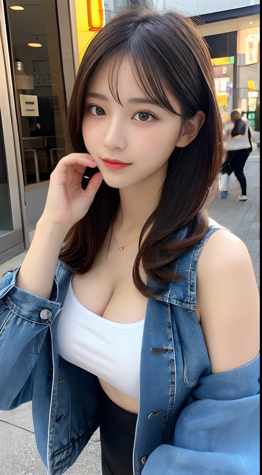 finely detail, hight resolution, hightquality、Perfect dynamic composition, Beautiful detailed eyes, Medium Hair, 、Natural Color Lip,Kamimei、Shibuya、20 years girl、1 persons、Transparent skin、Glowing hair、masutepiece, Best Quality, Ultra-detailed, finely detail, hight resolution, 8K、The correct state of the human body、crouching down、Gravure Model Pose,Beautiful sunset,In front of the café,beautiful ilumination,Photographed with hair fluttering in the wind,Colossal tits:1.3,((I can see the cleavage:1.5,Wearing a white tank top with open chest:1.5,denim jackets:1.5,Black tight skinny pants))