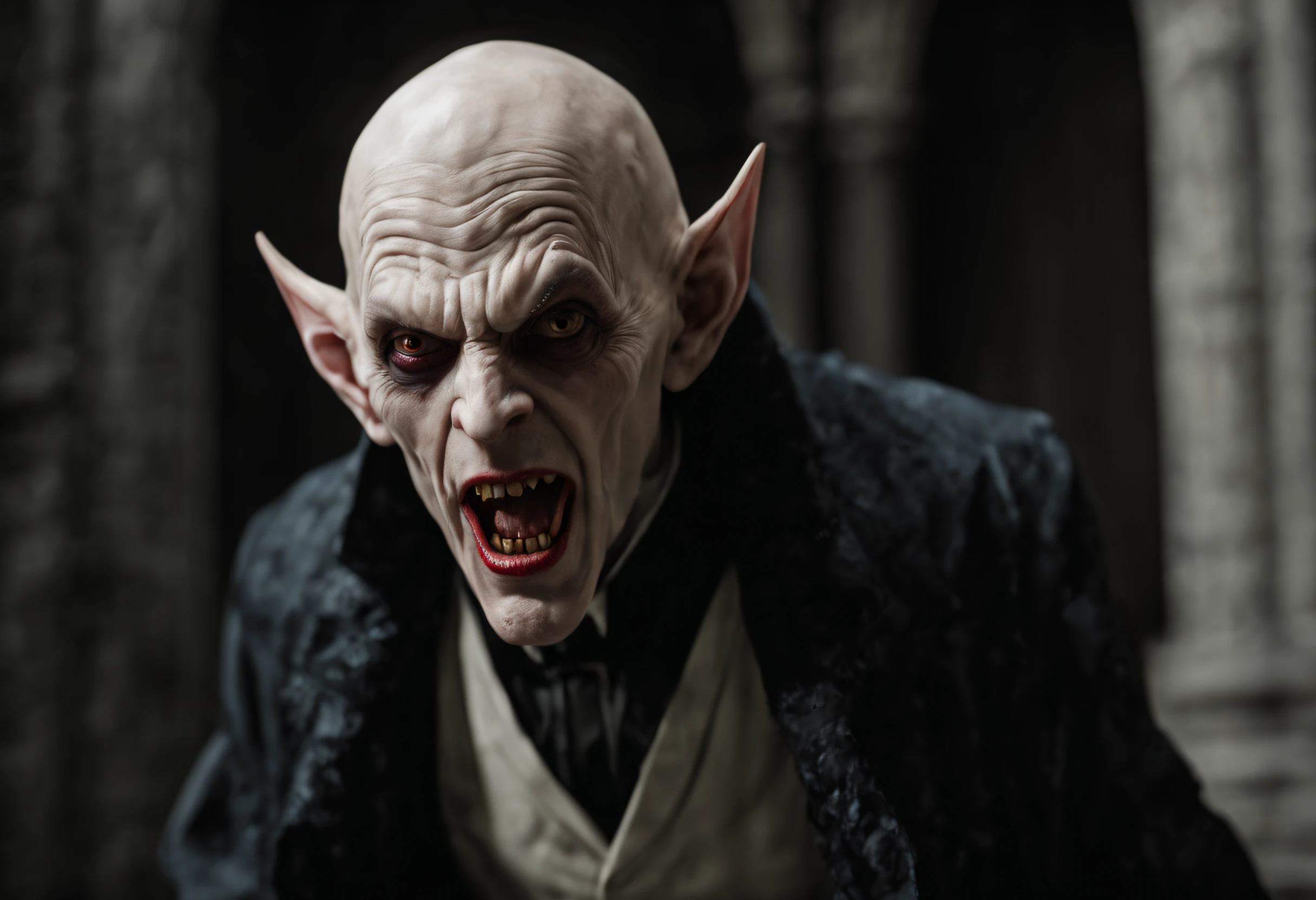 RAW photo, best, masterpiece, best quality, high quality, extremely detailed (scary male Nosferatu vampire lord: 1.3), elder vampire, long fangs, pale skin, best quality, cinematic lighting, sharp focus, photo-realistic, ultra-realistic, 8k