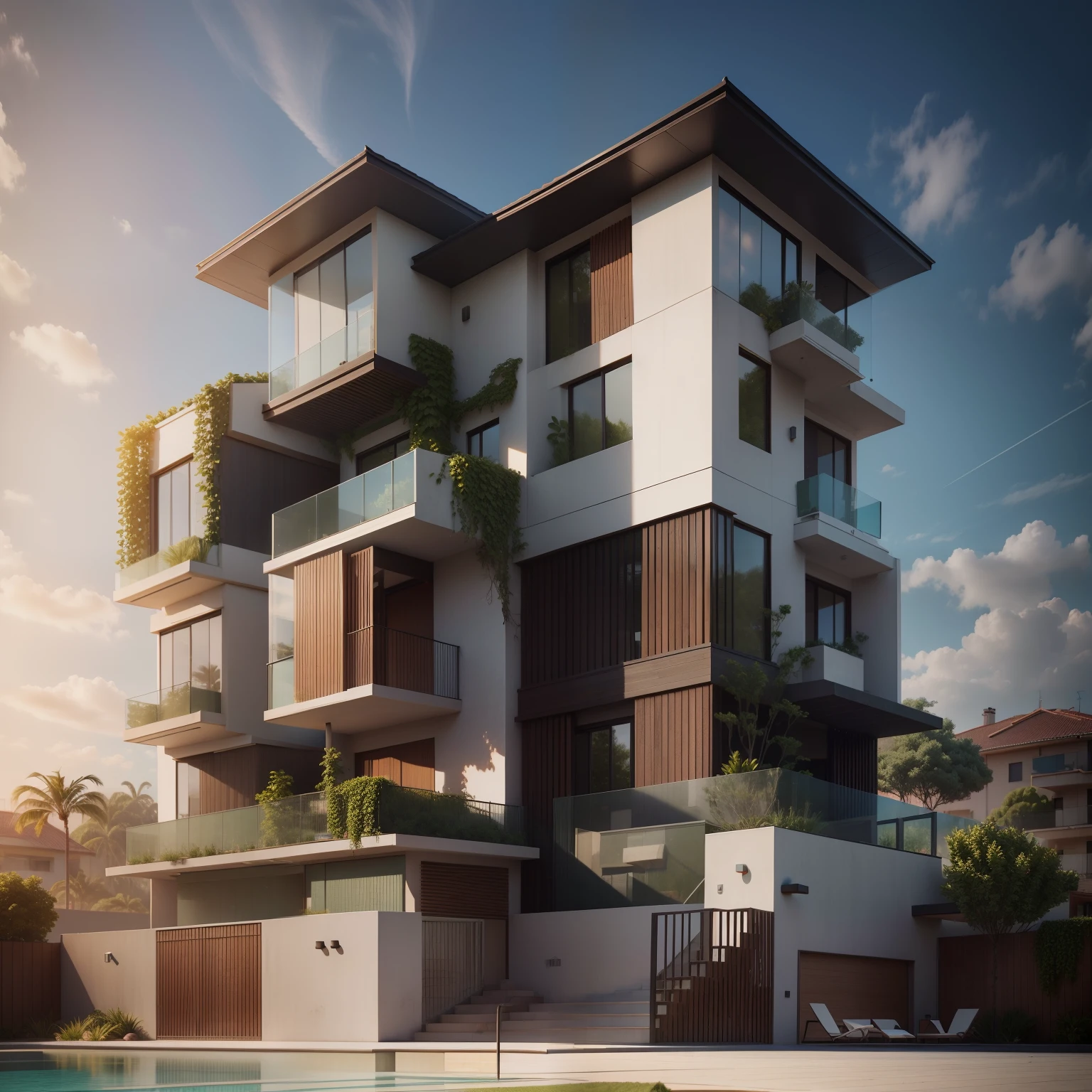 Organic modern architecture on a fairly large plot, There is a swimming pool in the middle of a large one-story house, cor da casa em vigas marrom chocolate e preto, large modern residence, telhados planos e jardim, render luxcore, render oktane, a photorealistic rendering, architectural render, mantra rendering, architectural render, realism rendering, architectural visualisation, piscina de bem-estar, architectural visualisation, grandes zonas verdes, com pequenas zonas de flores de lavanda, arbustos verdes tipo exuberante jardim verde, swimming pool embedded in an area of sand, oliveiras e pinheiros ao redor da casa,