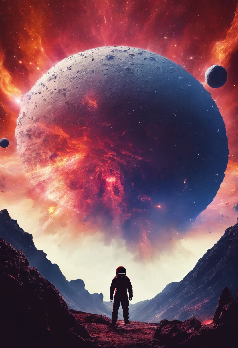 volcano exploding，Magma splashes，Huge flying saucer in the crater