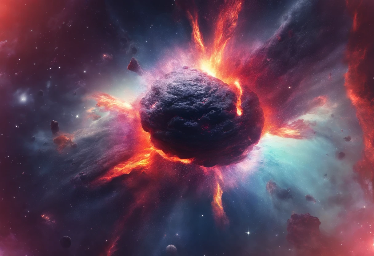 volcano exploding,Magma splashes,Huge flying saucer in the crater