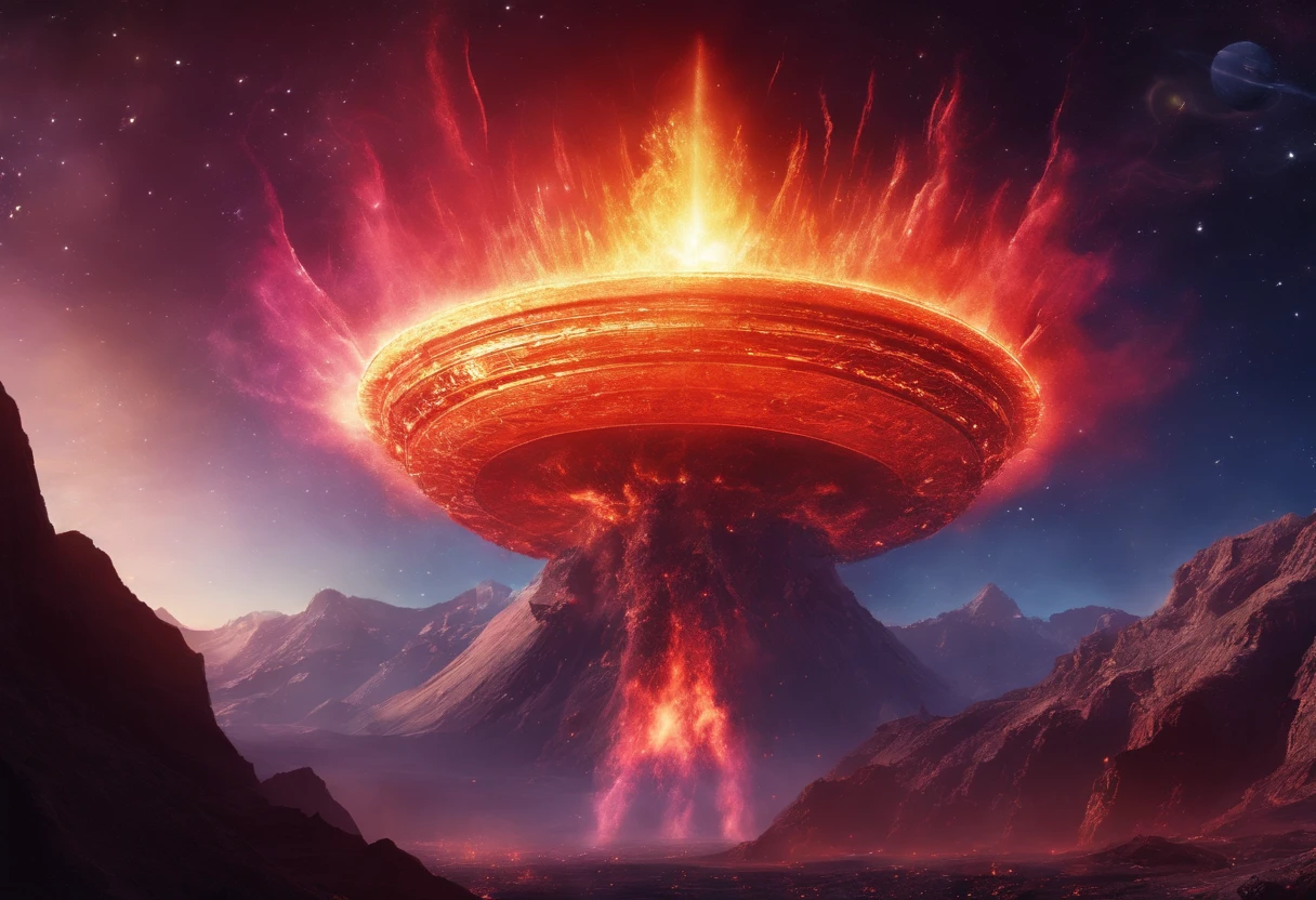 volcano exploding,Magma splashes,Huge flying saucer in the crater