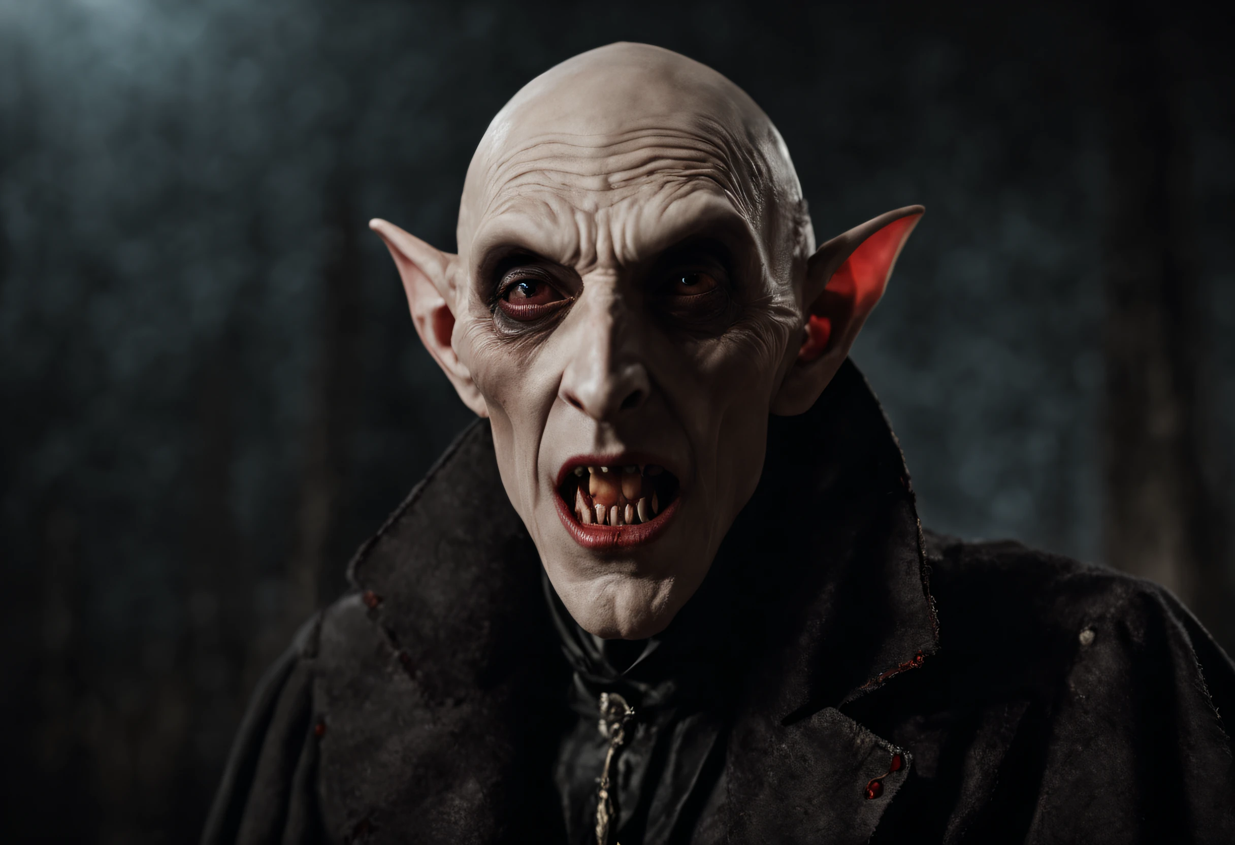 RAW photo, best, masterpiece, best quality, high quality, extremely detailed (the terrifying male vampire lord Nosferatu: 1.3), ancient vampire, (long fangs: 1.2), pale skin, best quality, cinematic lighting, sharp focus, photorealistic , ultrarealistic , 8k