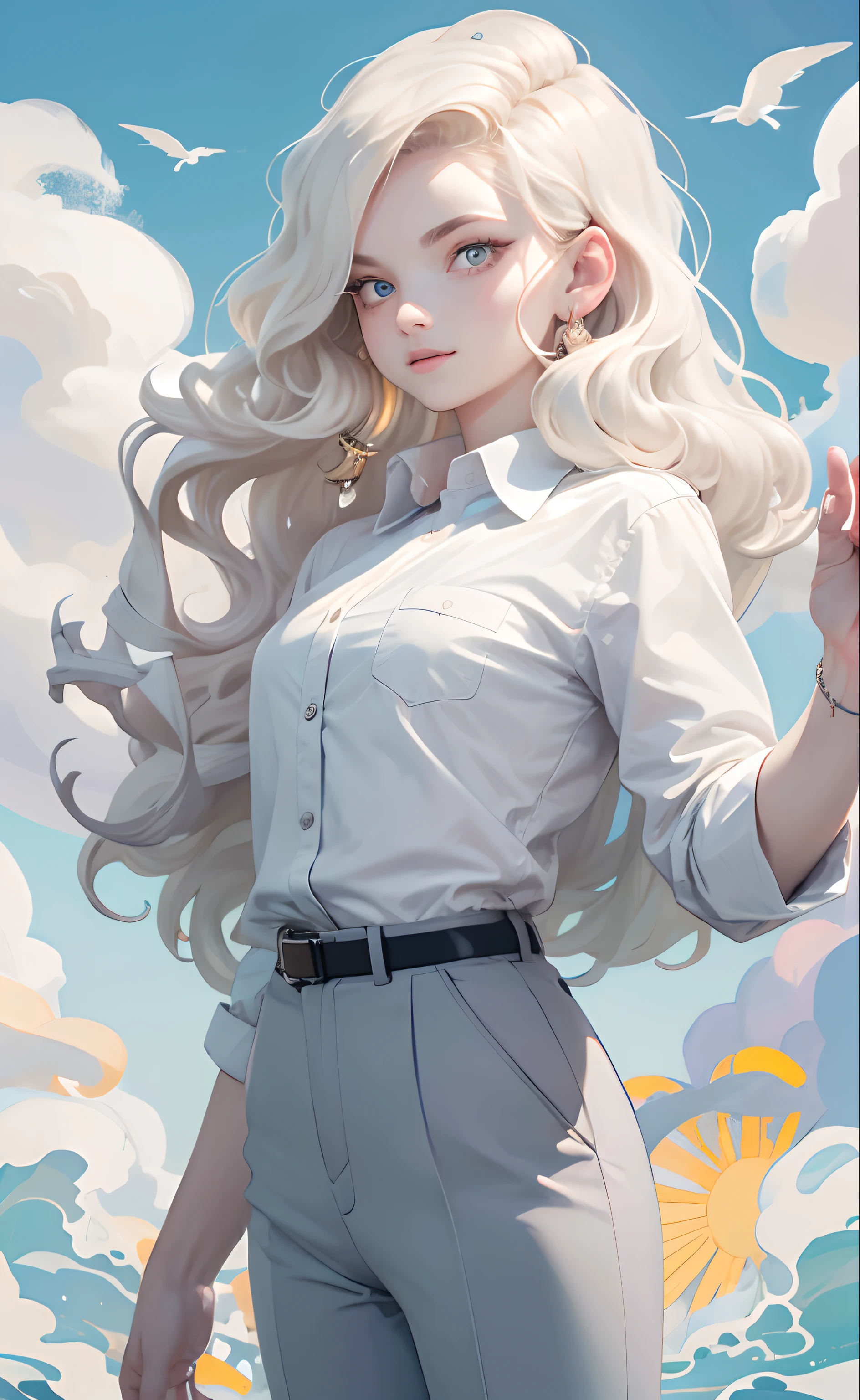 tmasterpiece, Best quality at best,Correct dissection, 1girll, short and wavy hair, platinum blond hair, The shirt, trouser,Fluffy clouds, brightly, with dynamism, cheerfulness