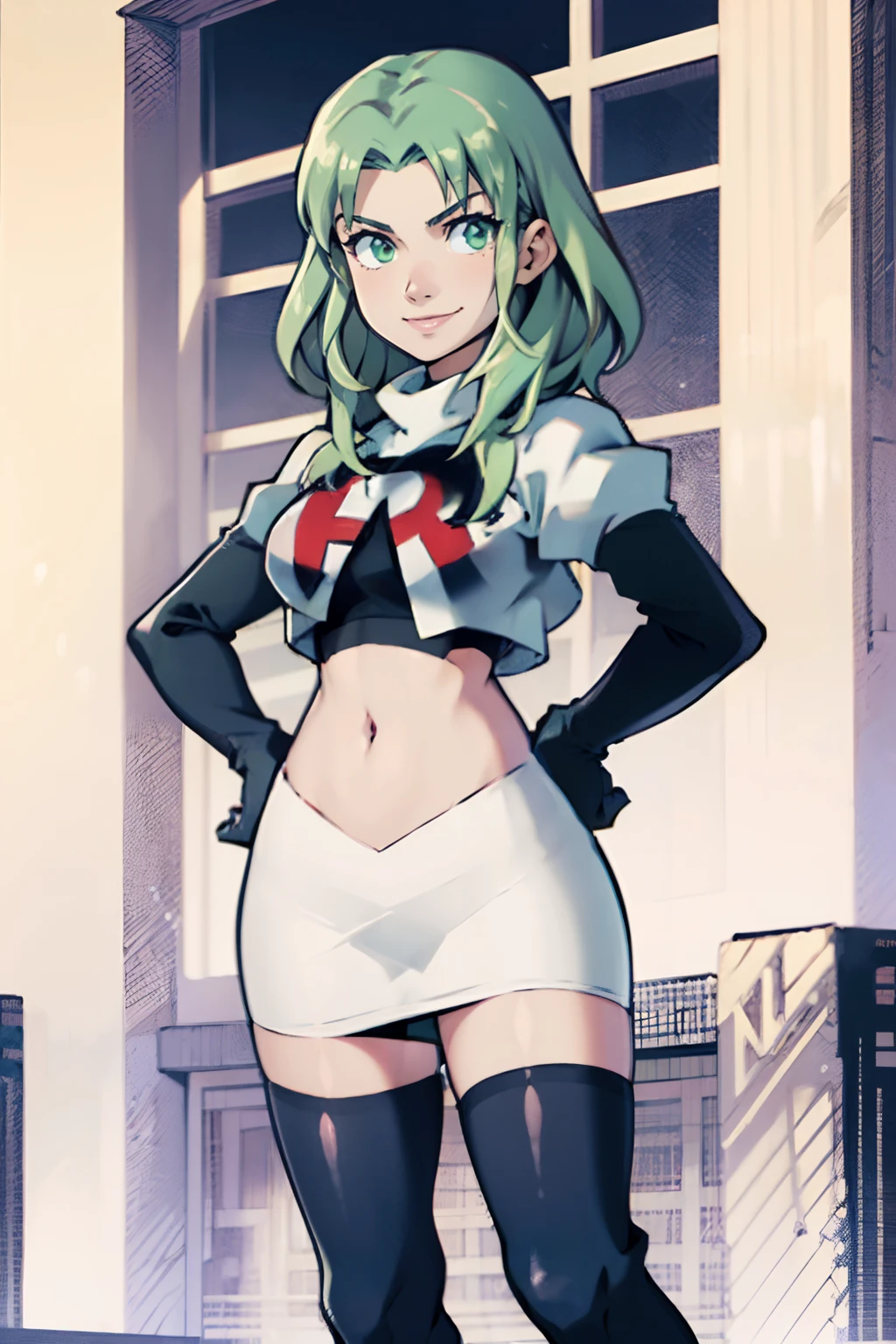 fembyleth, light green hair, team rocket,team rocket uniform, red letter R, white skirt,white crop top,black thigh-highs,black elbow gloves, sinister smile,hands on hips