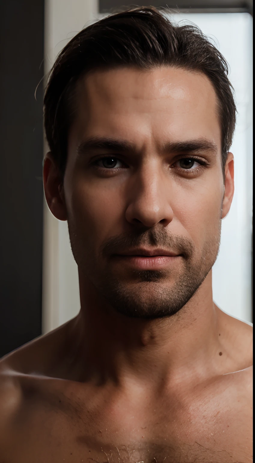 Um homem de 35 anos do Chile, barbado, barba cheia, muito bonito, modelo, looking-into-camera, imagem detalhada, UHD, 8k, bem iluminado