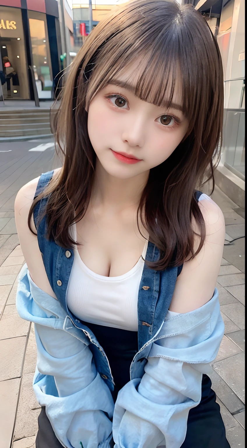 finely detail, hight resolution, hightquality、Perfect dynamic composition, Beautiful detailed eyes, Medium Hair, small tits、Natural Color Lip,Kamimei、Shibuya、20 years girl、1 persons、Transparent skin、Glowing hair、masutepiece, Best Quality, Ultra-detailed, finely detail, hight resolution, 8K、The correct state of the human body、crouching down、Gravure Model Pose,Beautiful sunset,In front of the café,beautiful ilumination,Photographed with hair fluttering in the wind,Colossal tits:1.3,((I can see the cleavage:1.5,Wearing a white tank top with open chest:1.5,denim jackets:1.5,Black tight skinny pants)),((Show off your pride))
