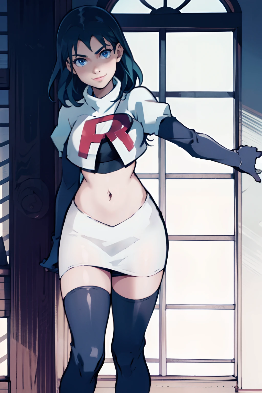 fembyleth, team rocket,team rocket uniform, red letter R, white skirt,white crop top,black thigh-highs,black elbow gloves, gentle smile, hands behind back