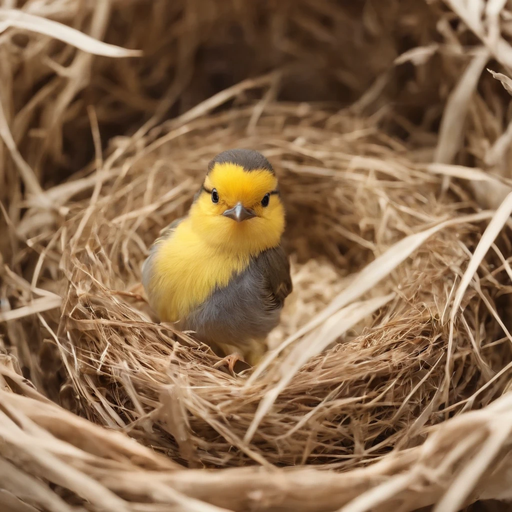 Cute golden bird animated image in Disney movie style，Presents extremely detailed pictures，Depth inspection shows 8K quality。There is a bird in the picture，A bird's nest，The nest contains seven eggs