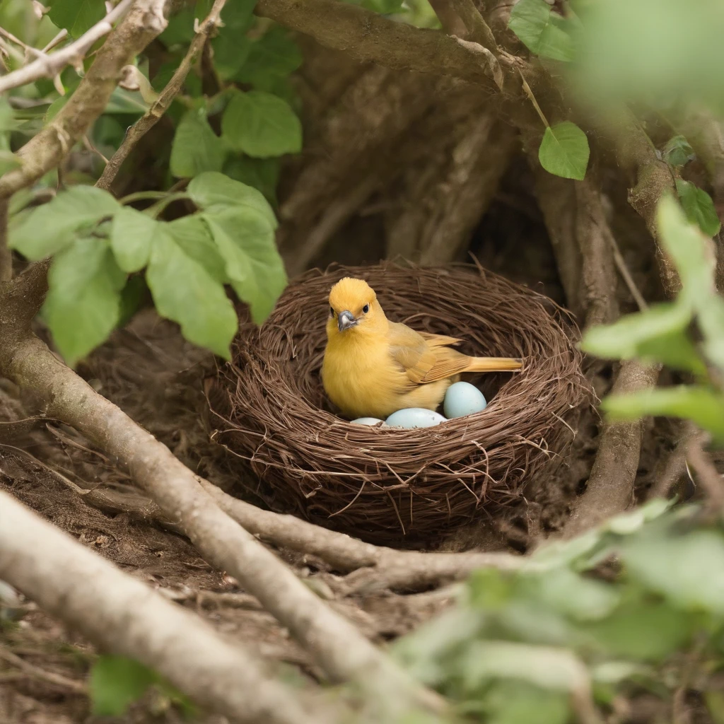 Cute golden bird animated image in Disney movie style,Presents extremely detailed pictures,Depth inspection shows 8K quality。There is a bird in the picture,A bird's nest,The nest contains seven eggs