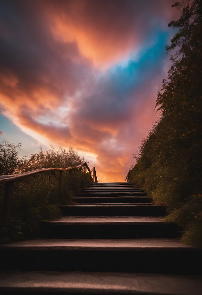 Close-up of the stairs leading to the rainbow sky, stairway to heaven, A very colorful heaven, stairs from hell to heaven, Leading to the Sky, Rainbow clouds, Colors of Heaven, Rainbow Trail, Colorful sky, Rainbow clouds, Heaven!!!!!!!!, rainbow, Rainbow colors, Psychedelic sky, In beautiful colors, Irridescent color, colorful dream, colorful skies