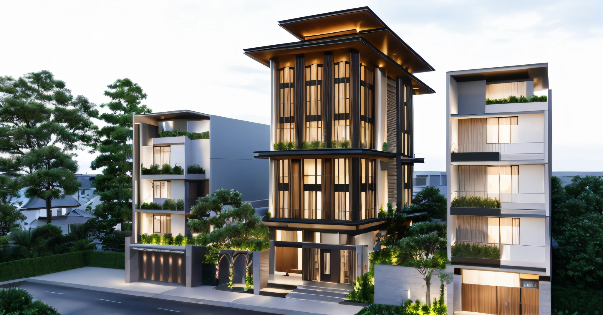 a view of a modern home with a large front yard, main material by white wall and stone and wood,  1 road runs in front of the house,  (RAW photo, real, best quality, masterpiece:1.2), look morden minimalist, 1 road in front of the house, shime ring light, light brighteness from indoor:1.2, dynamic lighting:1.3, (hyper realistic, photo-realistic:1.2), high quality, day lighht, hight contrast :0.5 perfect lighting, archdaily,  award winning contemporary, contemporary masterpiece, well-designed masterpiece, large modern residence, neotraditional modern, wide angle exterior 2022, midcentury modern, contemporary house, hip modern vibe, a long-shot from front, award winning modern design, stunning lines, residential, subtle detailing