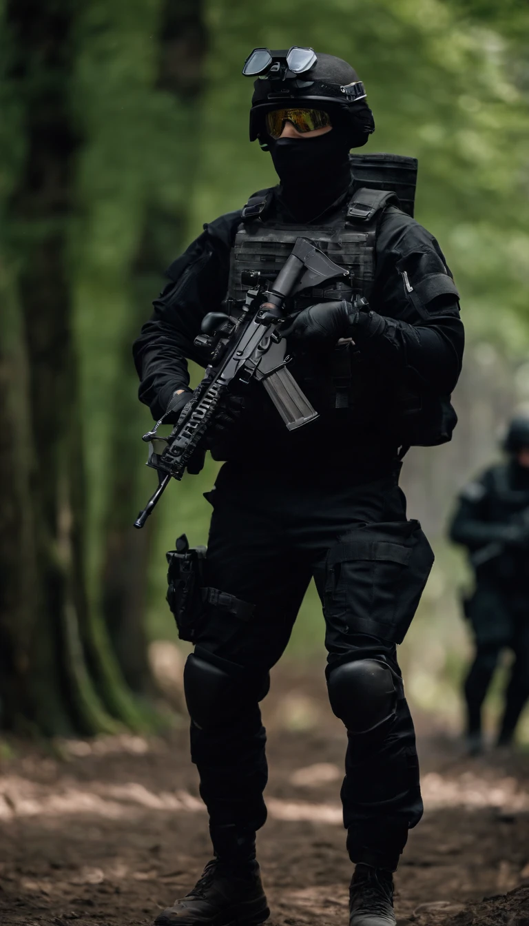 (absurderes, hight resolution, ultra-detailliert)A police special assault unit was photographed from the side with a gun。 And the background is green。 ember。 Squat down and aim