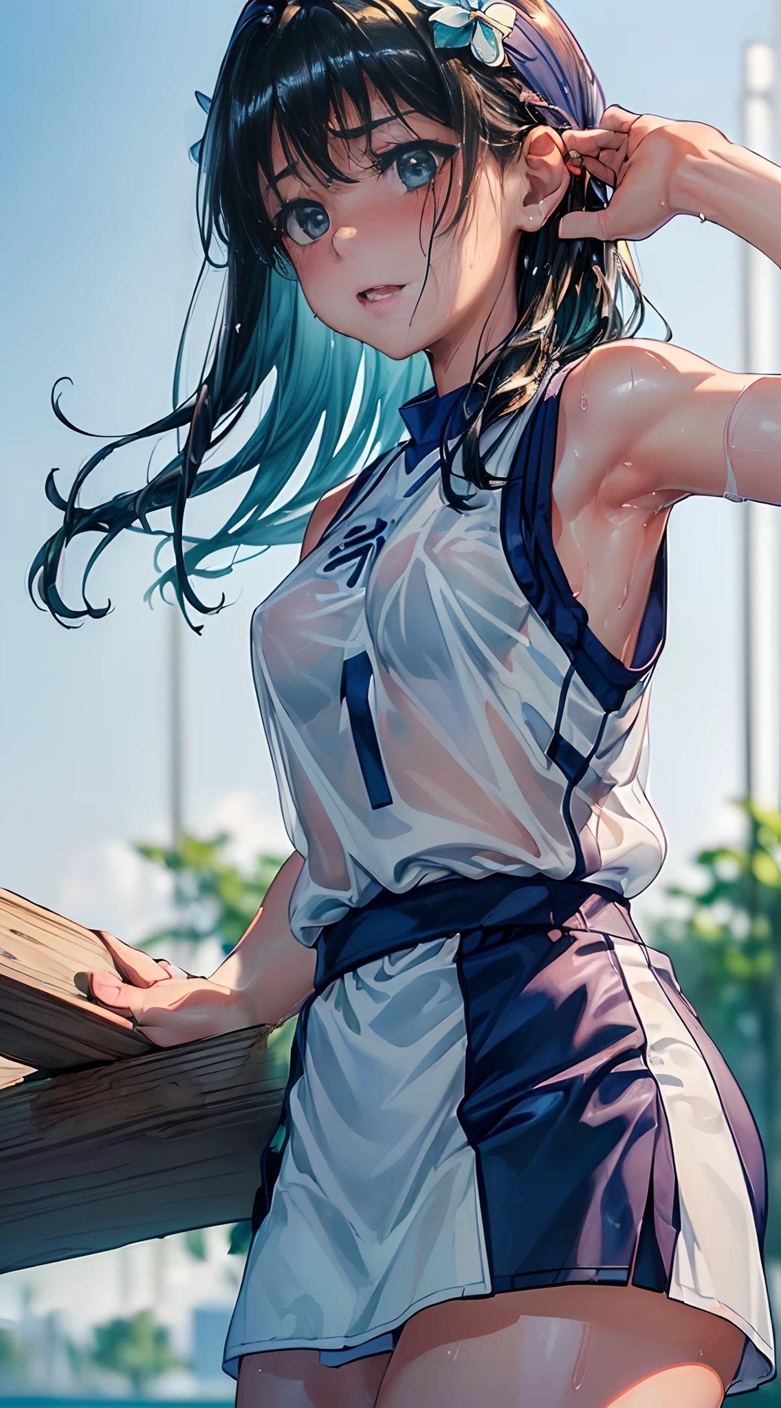 (((masterpiece,top-quality,超A high resolution))),1womanl, ,(((Wet with sweat))),Beautiful breasts,12year old,,(((Shy look))),(((I'm blushing))),(((Nariko Saten)),,(((Best Quality,4K,in 8K))),((closes mouth)),(((See-through white and blue jersey)),The wind is blowing,