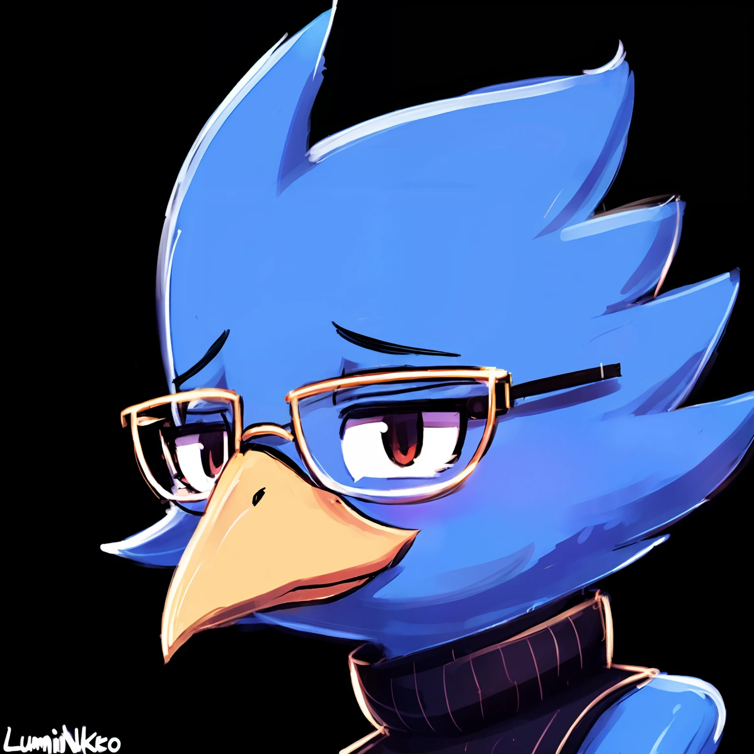Berdly from Deltarune, glasses, (Berdly:0.8), (solo), blue body, male, black turtleneck, sleeveless, (mugshot:1.0), tired, (fang), (dark background), (eyes through glasses:1.0), (beak), (detailed eyes), 1boy, (cute, masterpiece, best quality:1.0), (artist:lumineko:1.0)
