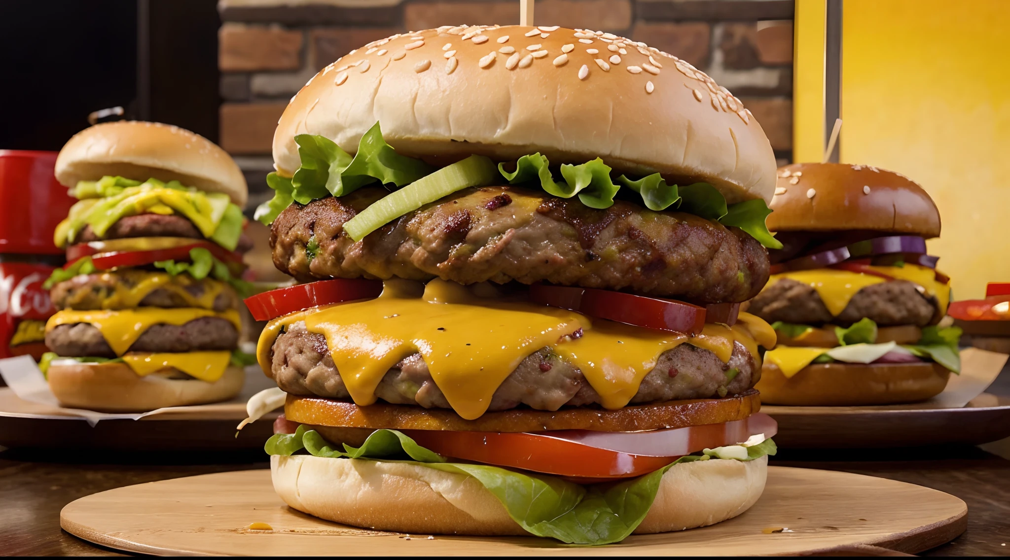 Create a wallpaper featuring a delicious assortment of severalunique burgers. Visualize a vibrant display with each burger's vibrant colors, textures, and flavors on full display. From classic cheeseburgers to gourmet veggie burgers and spicy chicken options, these culinary delights form a mouthwatering collage that makes the viewer crave a bite. The scene exudes an irresistible aroma, inviting burger lovers to savor the diverse world of burger creations."
