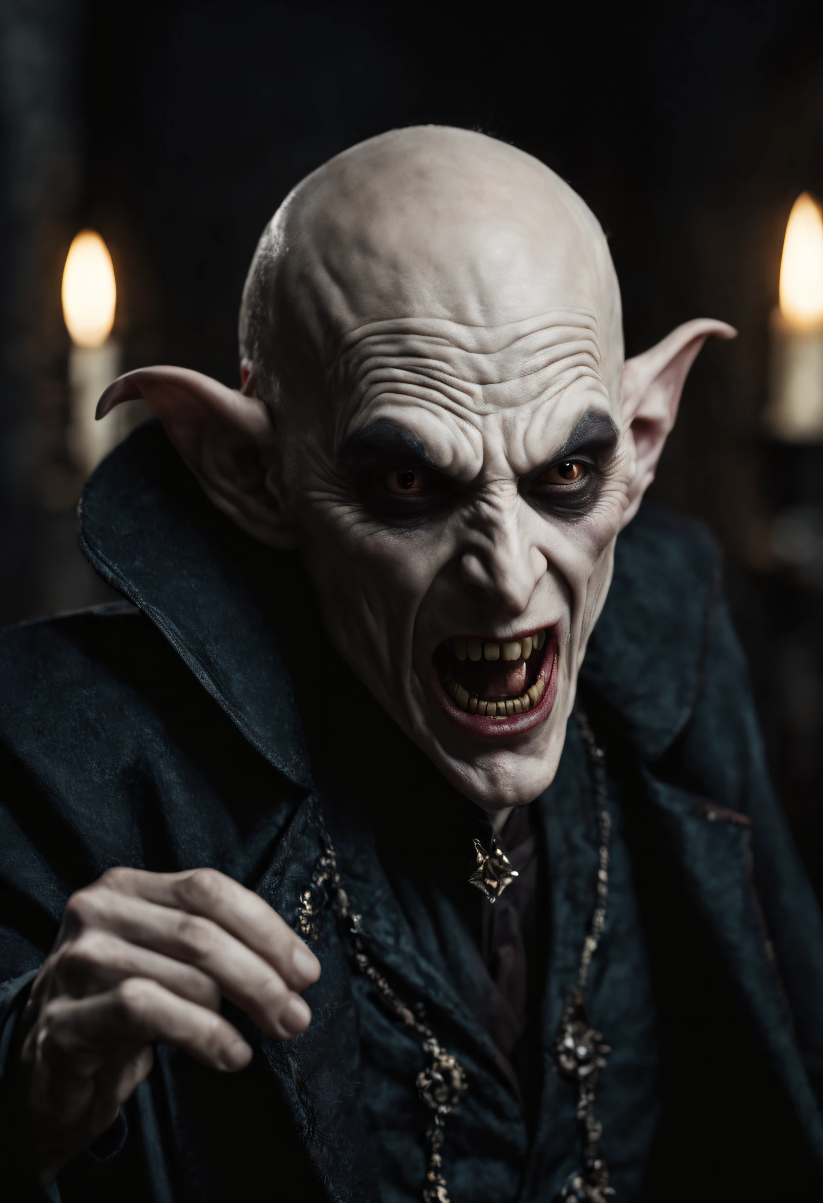 RAW photo, best, masterpiece, best quality, high quality, extremely detailed (scary male Nosferatu vampire lord: 1.3), elder vampire, long fangs, pale skin, best quality, cinematic lighting, sharp focus, photo-realistic, ultra-realistic, 8k