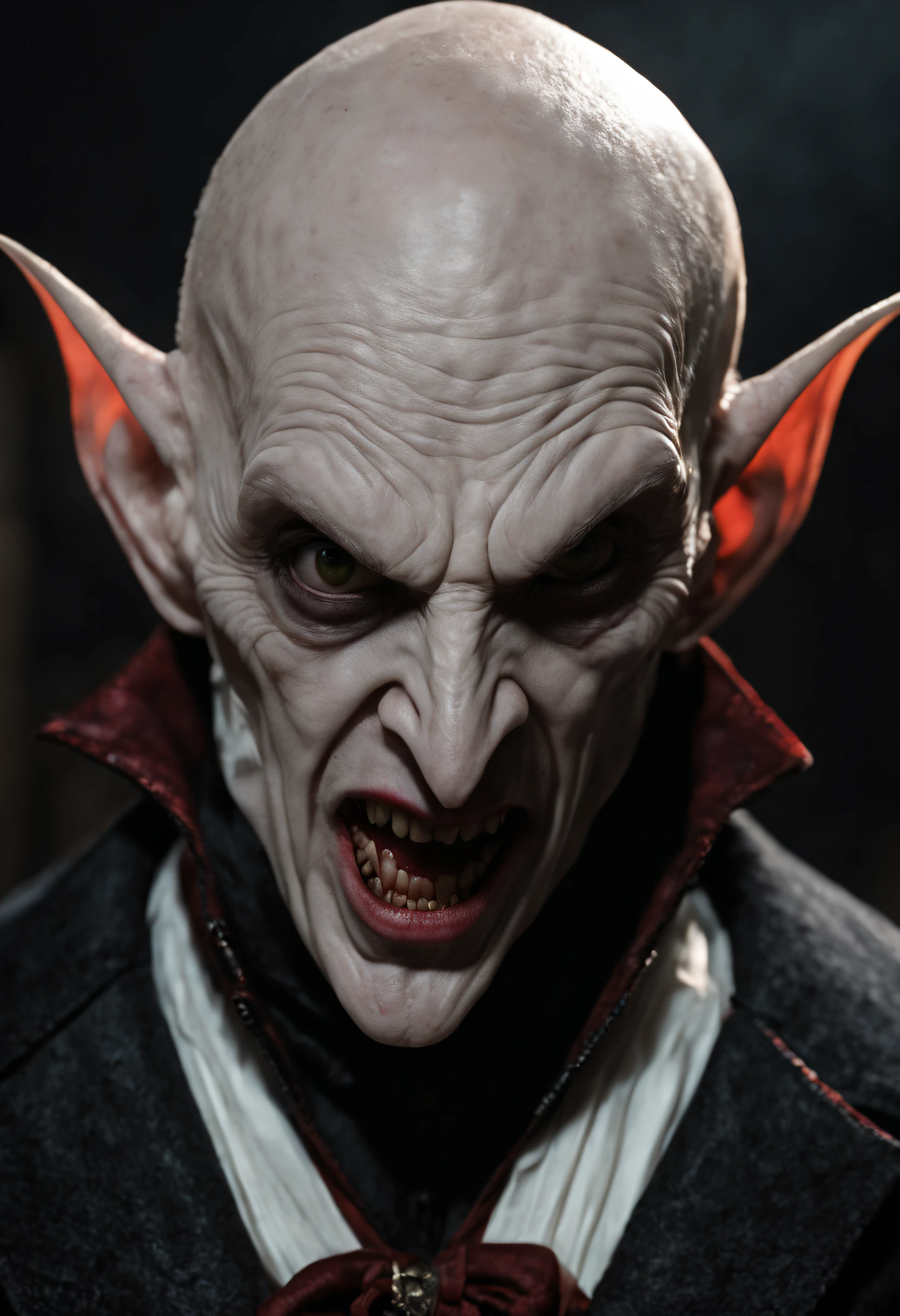 a vampire with detailed face,mouth with vampire teeth,(scary male Nosferatu vampire lord:1.3),long fangs,pale skin,best quality,cinematic lighting,sharp focus