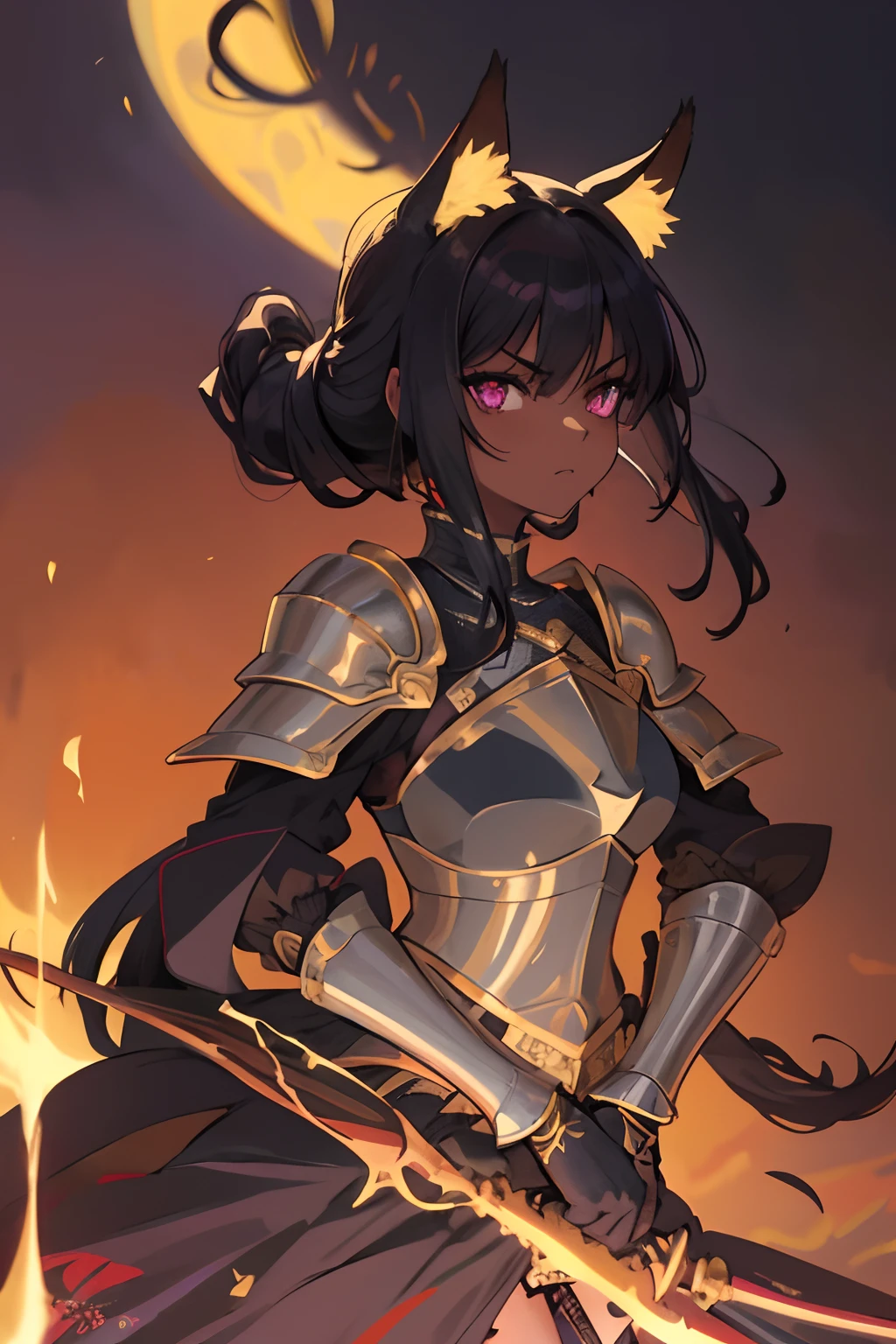 Anime style portrait of a sexy, African babe, with jet-black hair, purple eyes, dark skin, black cat ears, 1 tail, perfect composition, hyper-detailed, 8k, high quality, perfect eyes, trending art, trend on ArtStation, sharp focus, Studio shot, intricate details, by tite kubo
photo of 1girl, , wearing sisterssilence armor, mask details, Topknot, wavy hair, full armor, detailed shoulder armor, Pauldron, gold armor, Armor detail, gold trimmings, pelvic curtain, hilt, swinging sword, face tattoo , battle, army, shoot, weapon, loading, running, standing next to desert storm, sandstorm, dune, dark atmosphere,