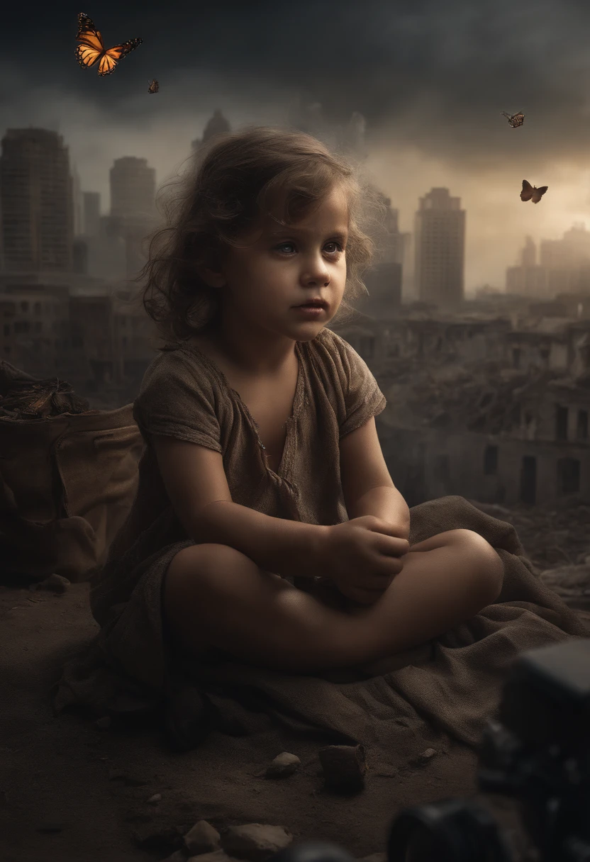 Ultra-realistic depiction of 3  palestinian kid , sitting with sorrow, crying, ((tears drops)), messy and curl hair, dusty face and cloth,palestine .(( a destructed city in background, fire, ((human corpse on ground)), some people are crying, destroyed building)), a butterfly sits on her forefinger, (((she is looking at the butterfly and a little bit smile))), hyper detailed, dynamic color, black and gray shade, super emotional picture, set against a hauntingly dark backdrop and surrounded by swirling dark smoke. The image should be in a captivating 16:9 format."