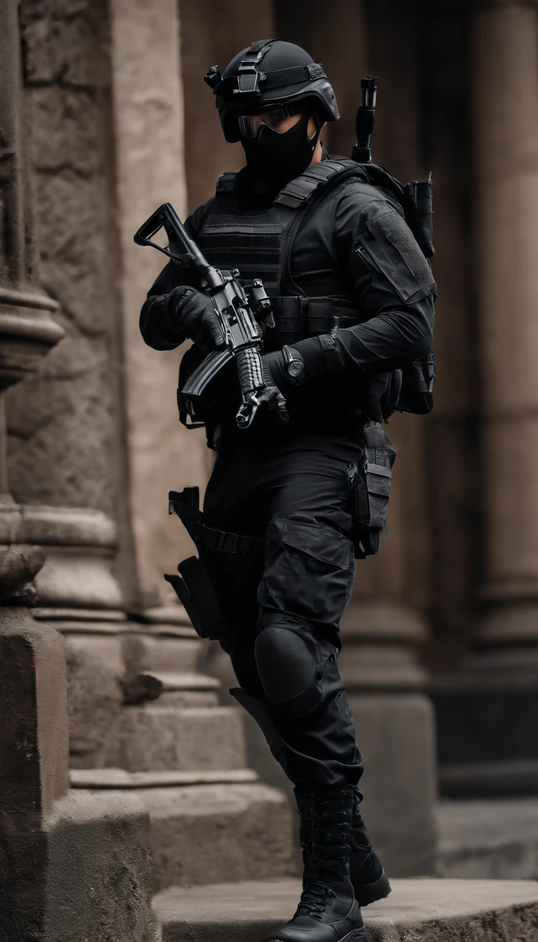 (Best quality,4K,8K,A high resolution,Masterpiece:1.2),Ultra-detailed,(Realistic,Photorealistic,photo-realistic:1.37), One of them was wearing a black SWAT suit,Man in black helmet, A man in a black mask holds a gun, Air rifle CQB, French Special Operations, realistic soldiers, Soldiers in tactical equipment, tactical gear, cinematic —ar 16:9, realistic military equipment, Tactical armor, Black tactical equipment, combat outfit, Futuristic soldier costume, special forces security