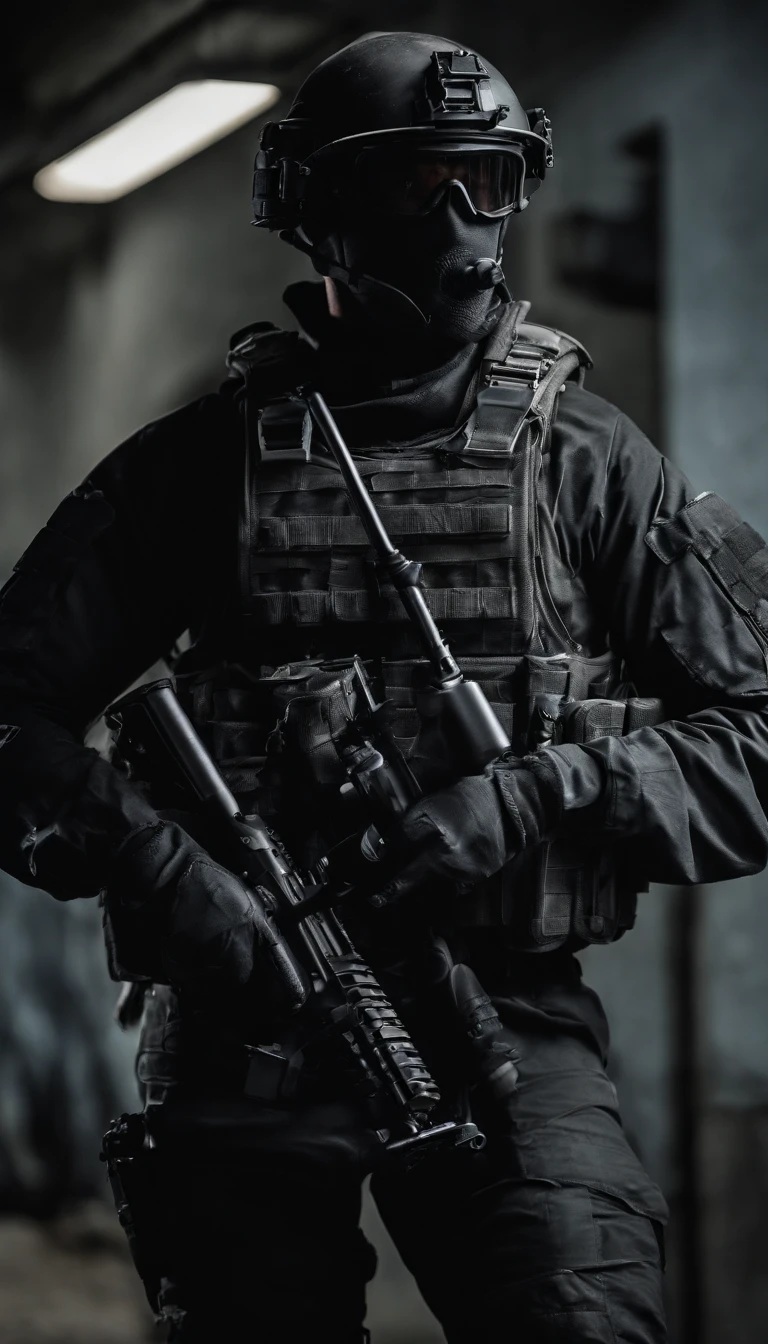 (Best quality,4K,8K,A high resolution,Masterpiece:1.2),Ultra-detailed,(Realistic,Photorealistic,photo-realistic:1.37), One of them was wearing a black SWAT suit,Man in black helmet, A man in a black mask holds a gun, Air rifle CQB, French Special Operations, realistic soldiers, Soldiers in tactical equipment, tactical gear, cinematic —ar 16:9, realistic military equipment, Tactical armor, Black tactical equipment, combat outfit, Futuristic soldier costume, special forces security