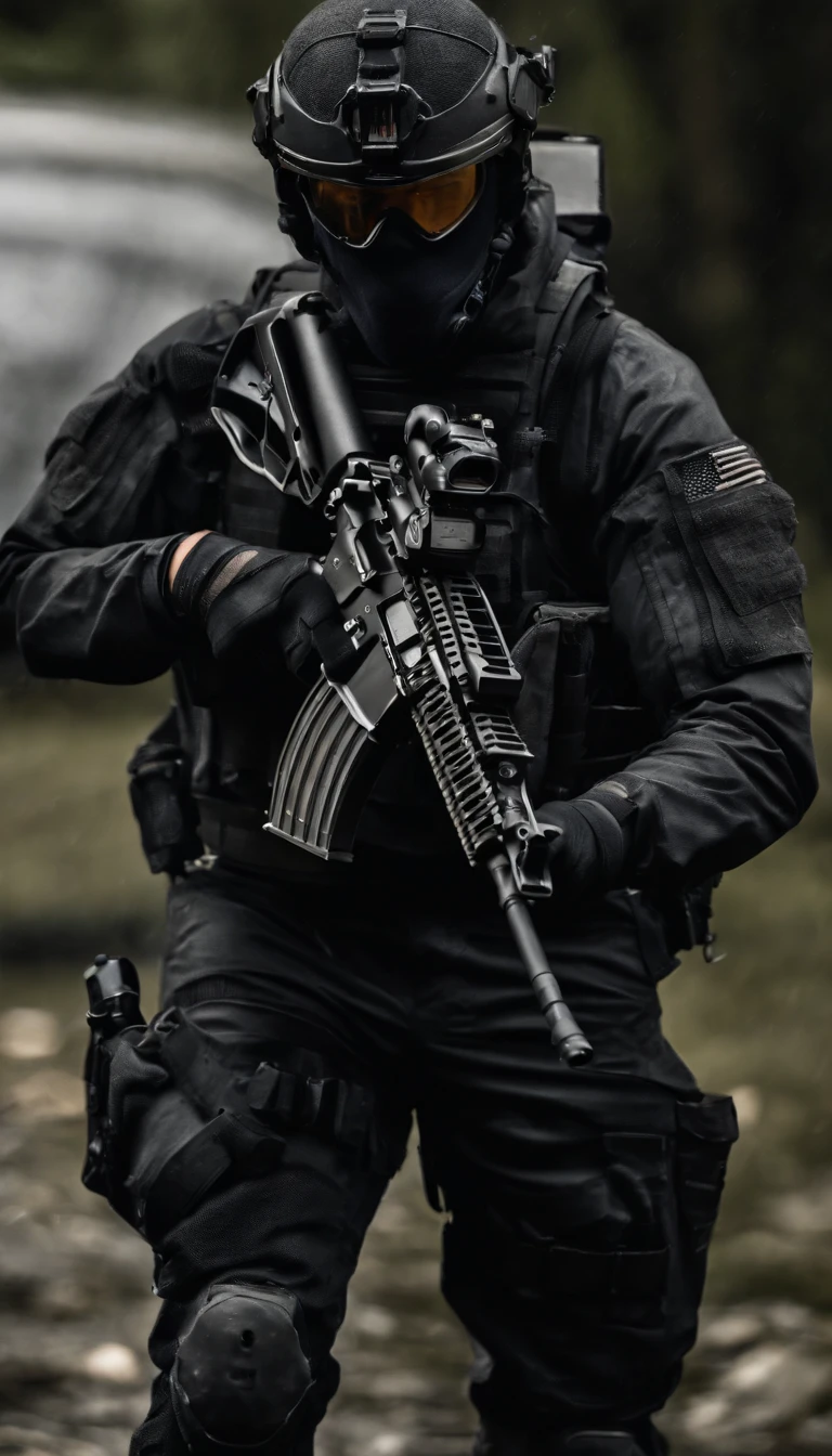 (Best quality,4K,8K,A high resolution,Masterpiece:1.2),Ultra-detailed,(Realistic,Photorealistic,photo-realistic:1.37), One of them was wearing a black SWAT suit，Man in black helmet, A man in a black mask holds a gun, Air rifle CQB, French Special Operations, realistic soldiers, Soldiers in tactical equipment, tactical gear, cinematic —ar 16:9, realistic military equipment, Tactical armor, Black tactical equipment, combat outfit, Futuristic soldier costume, special forces security