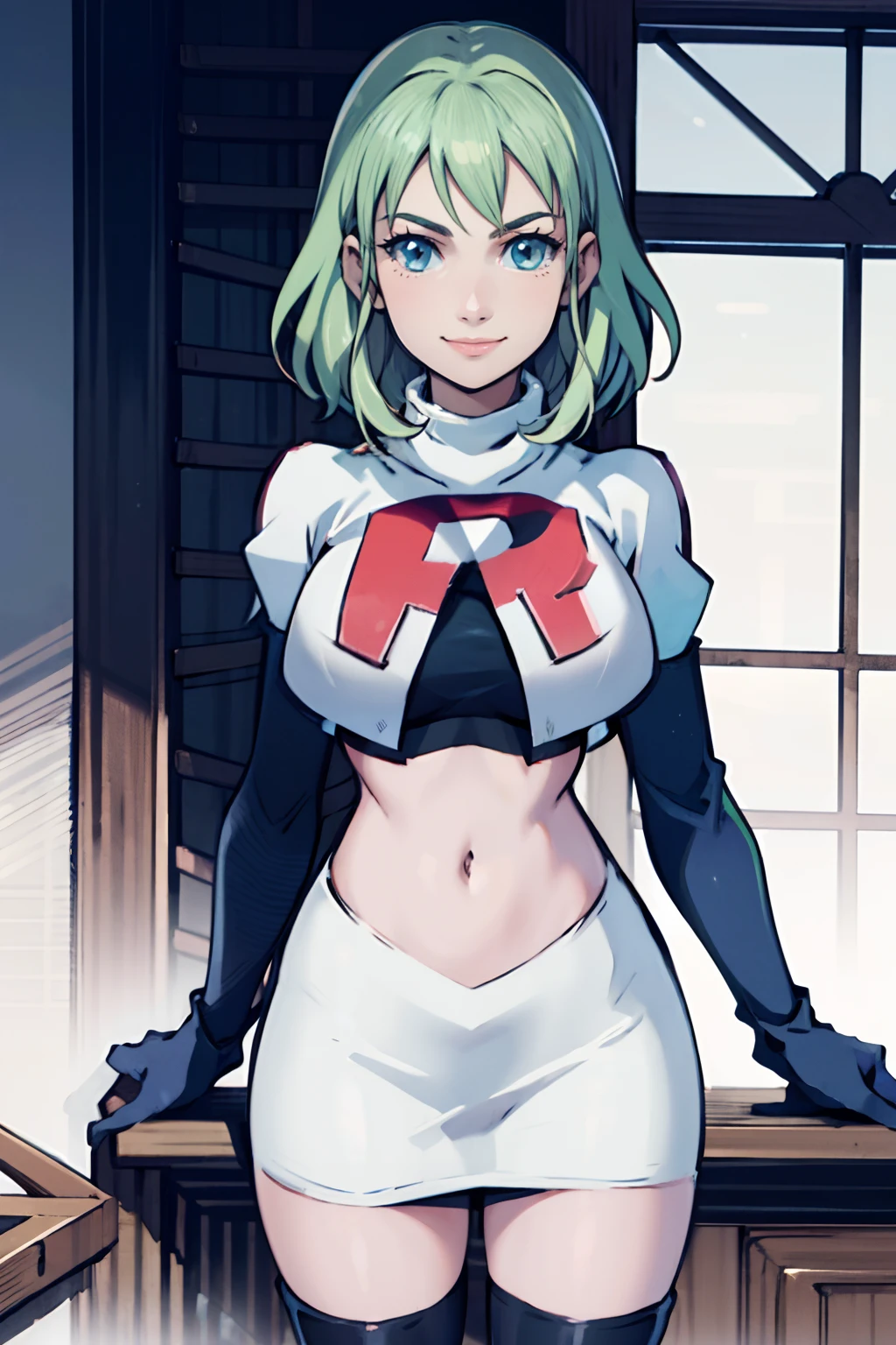 fembyleth, light green hair, team rocket,team rocket uniform, red letter R, white skirt,white crop top,black thigh-highs,black elbow gloves, warm smile, looking at viewer