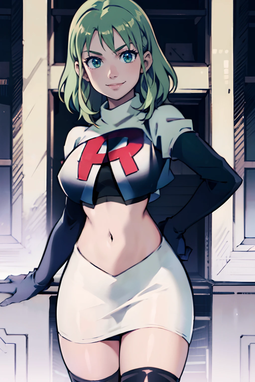 fembyleth, light green hair, team rocket,team rocket uniform, red letter R, white skirt,white crop top,black thigh-highs,black elbow gloves, warm smile, looking at viewer