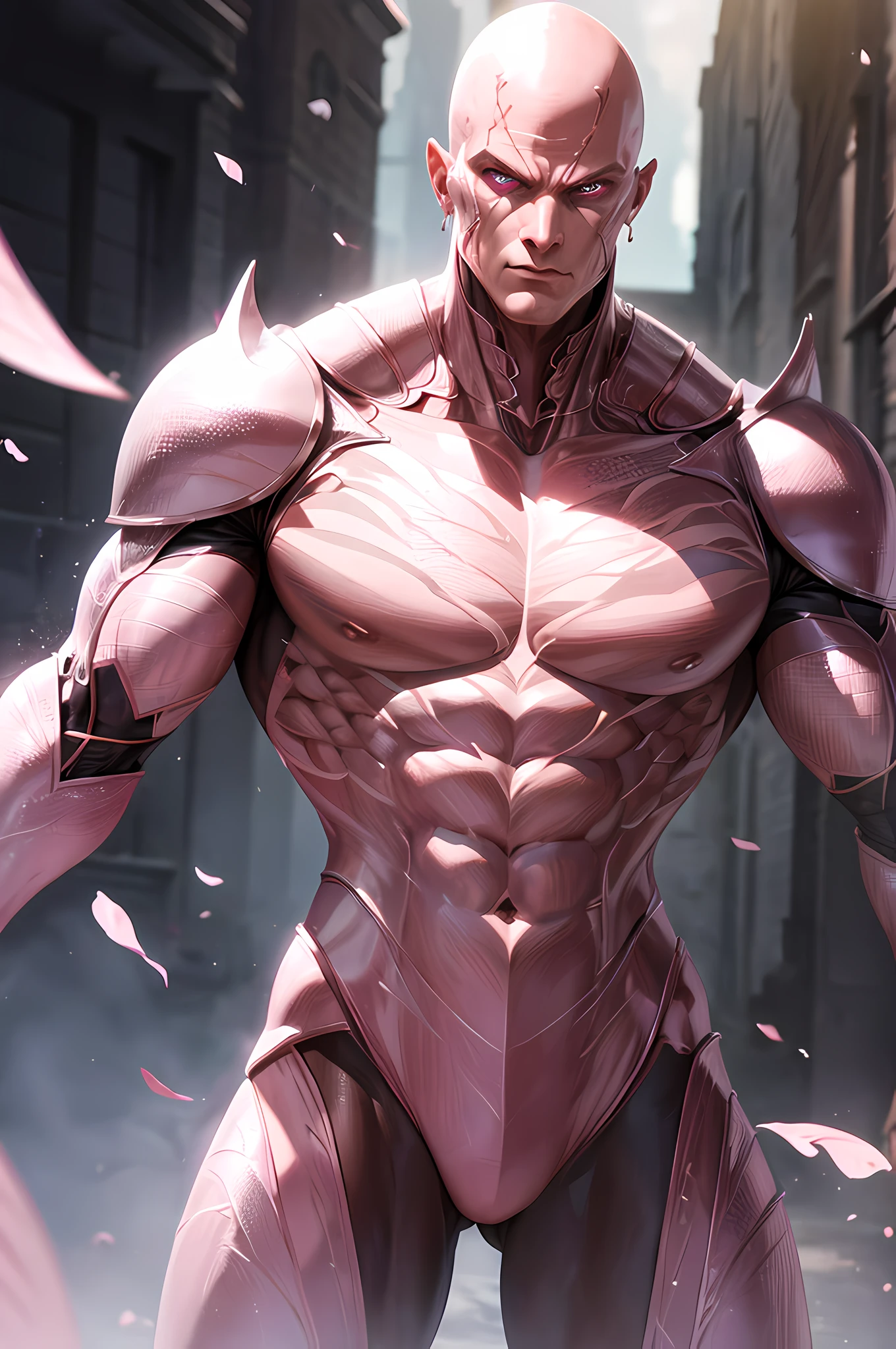 Top quality, Photorealistic, 8K, High Definition, Unity 8K wallpaper, high res, ultra sharp, masterpiece, ((masterpiece)), best quality, expressive eyes, perfect face, detailed face, detailed eyes, masterpiece, highly detailed exquisite character art, epic fantasy digital art style, detailed digital 3D fantasy art, ultra-realistic, detailed body, detailed pecs, mid-shot, ((tall muscular man male humanoid)), bald, humanoid pink skin, humanoid pink skin tone, pink hue, powerful humanoid appearance, pure white eyes, metallic scales, scales. metallic armor, intimidating face, strong jaw, high cheekbones, pecs, villain pose, in the town, petals, ((male muscular pink humanoid insect)), mid-shot