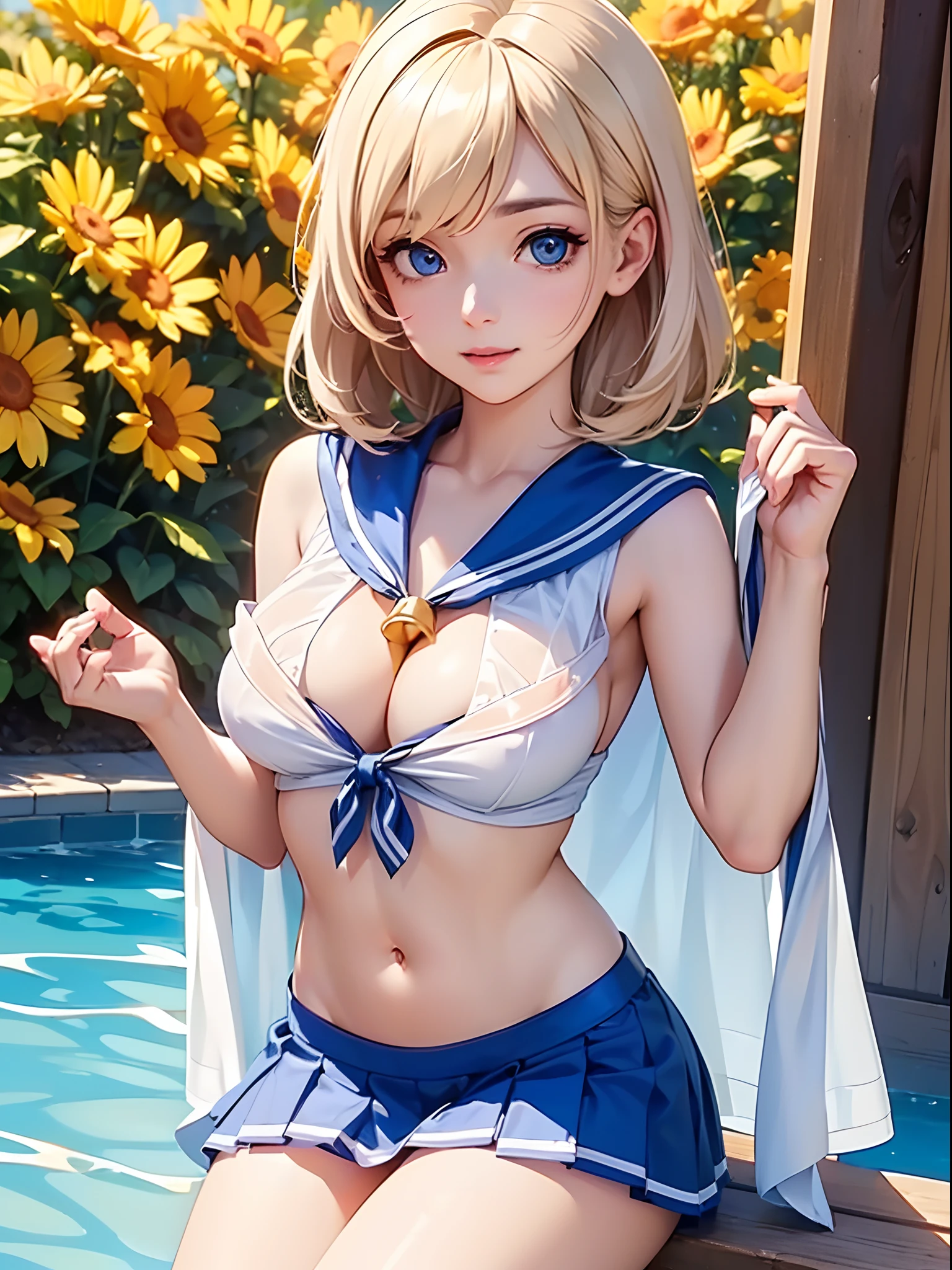 (((toppless))), (((Showing off the legs))), (((large full breasts))), (((show off cleavage))), extremely detailed CG unified 8k wallpaper, very fine 8KCG wallpaper, (​masterpiece, Best Quality), High resolution, Ultra-detailed, ultra-sharp, 1 girl ,Naked, in poolside, ((( Light sailor shirt, Sleeveless, Open front))), (((Navel ))),  (((Sheer Micro Mini Skirt))),  (Beautiful face, Cute face, Detailed face),  (((Detailed beautiful eyes))), (((Sunny))), Perfect Eyes Eyes