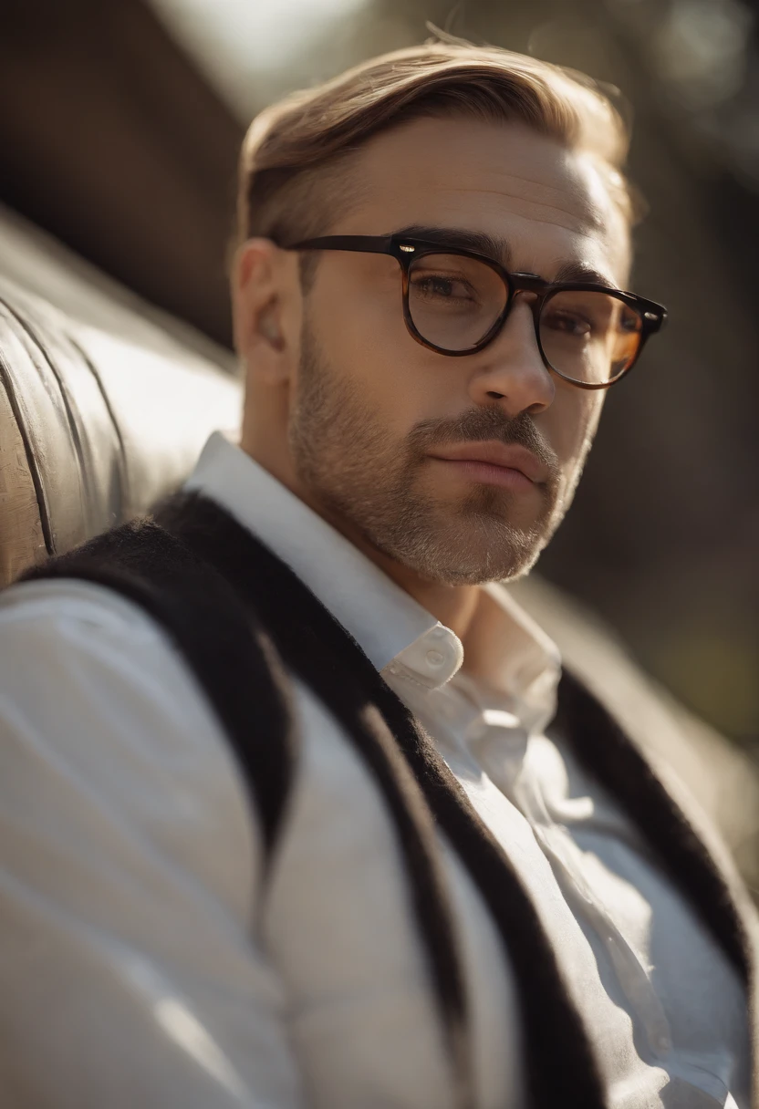 serious expression, professional attire, with a bright office background, high-resolution, studio lighting, sharp focus, vivid colors, detailed skin texture, clear and defined facial features, distinct jawline, neat and well-groomed facial hair, dark and defined eyebrows, intense gaze, confident smile, eye-catching tie, modern glasses, crisp white shirt.